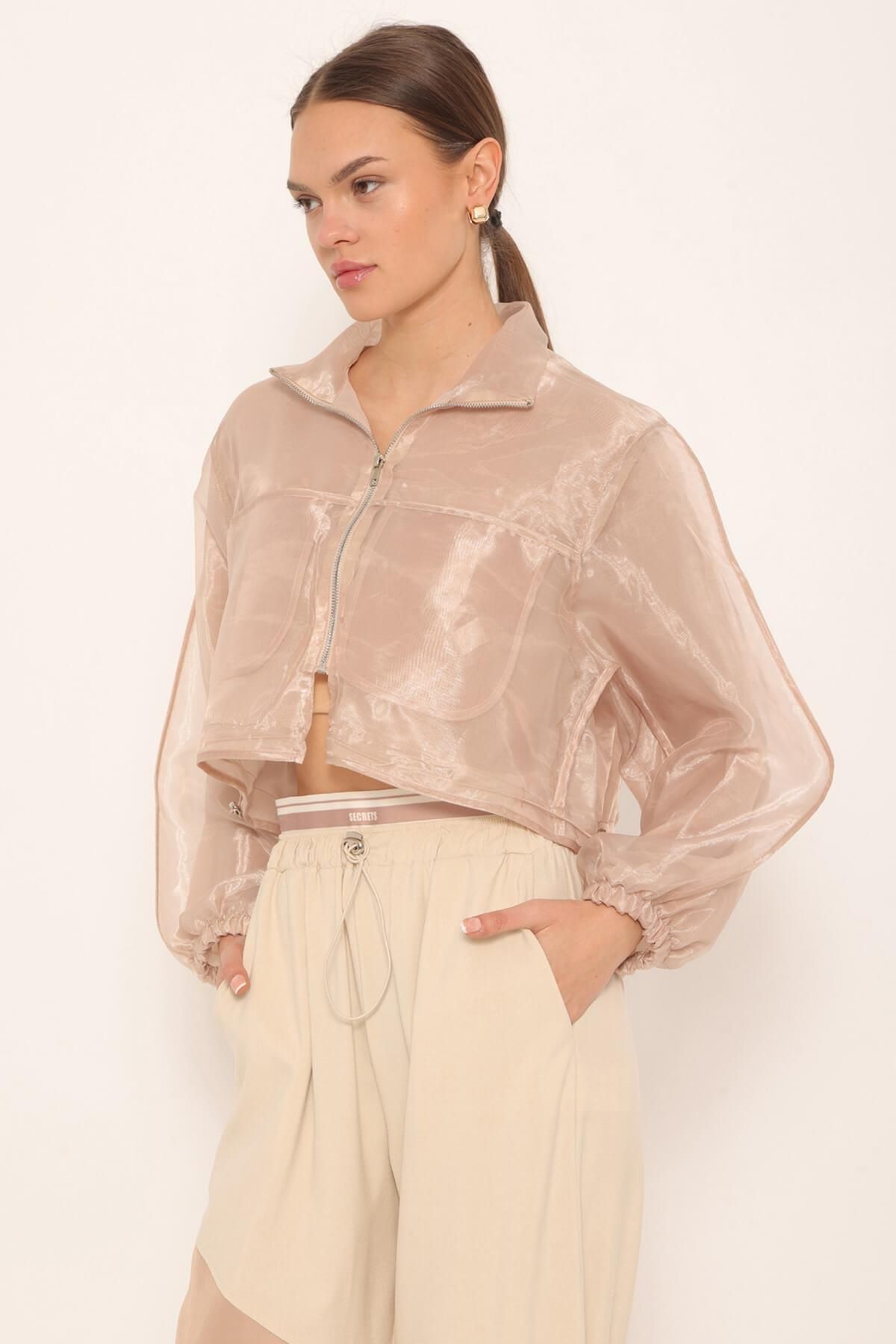 Coral-Beige Organza Bomber Jacket 4