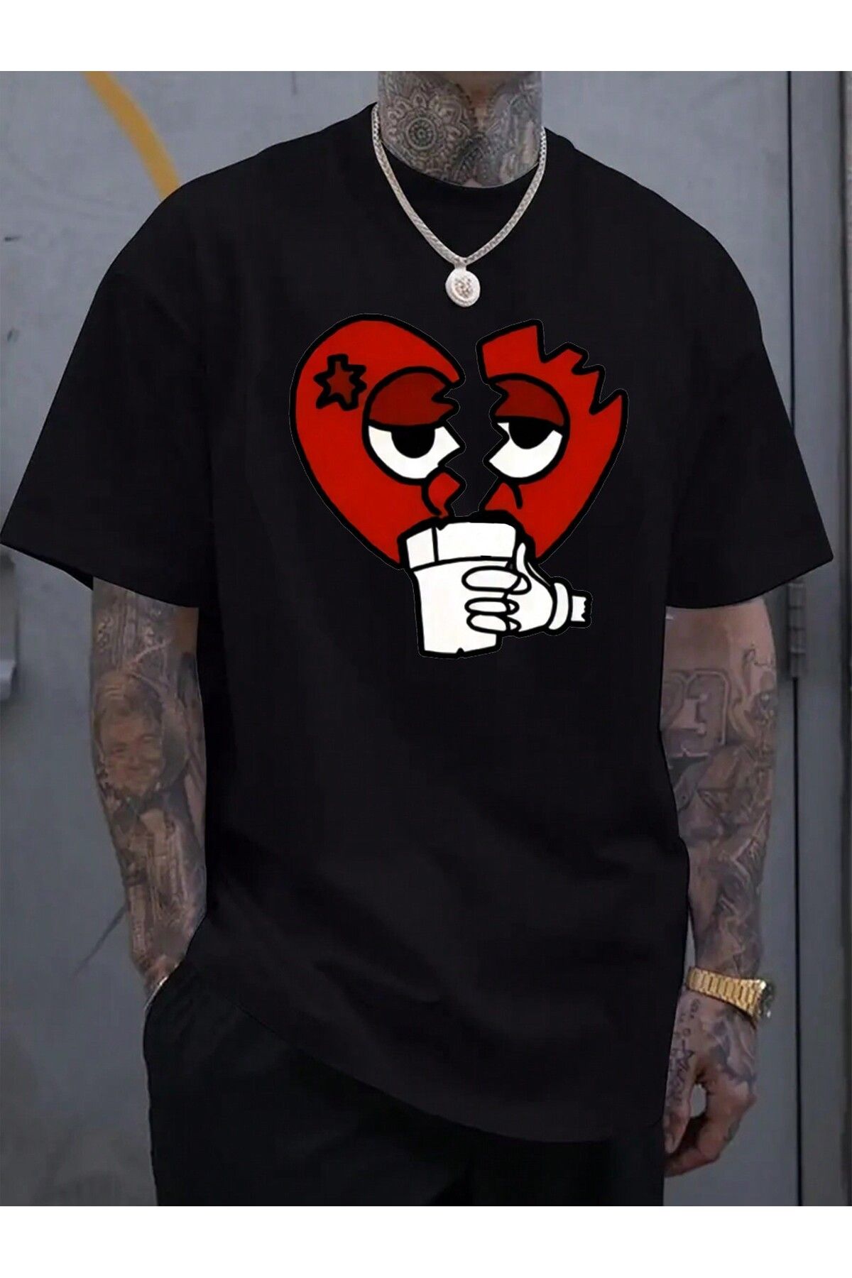 uyguntarz-Unisex Broken Heart Cup Printed Oversize Tshirt 2