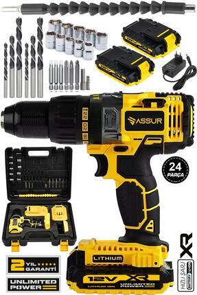 ASSUR 12V Çift Akülü Metal Şanzıman Şarjlı Darbeli Matkap Akülü Vidalama