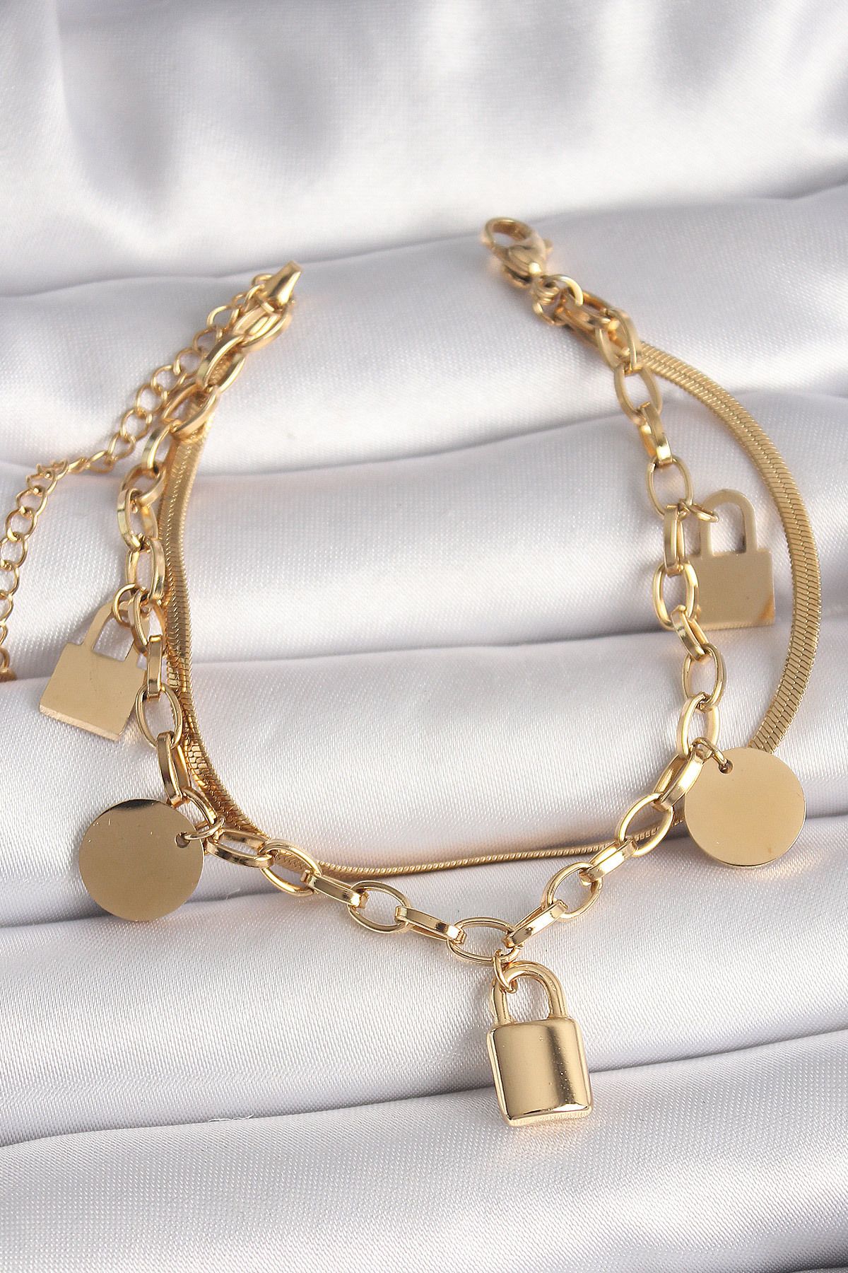 BZK ACCESSORİES 316L Çelik Gold Renk 2'Li İtalyan Zincir Kilit Figür Kadın Bileklik