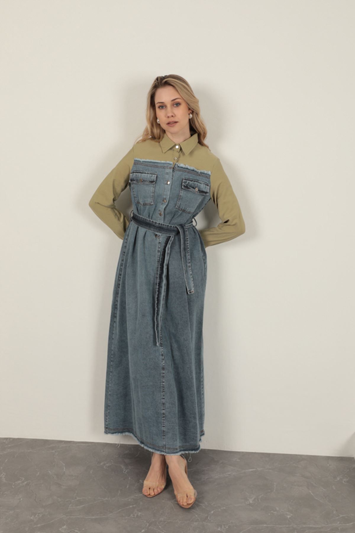 blueb Denim Kumaş Garnili Elbise-Haki