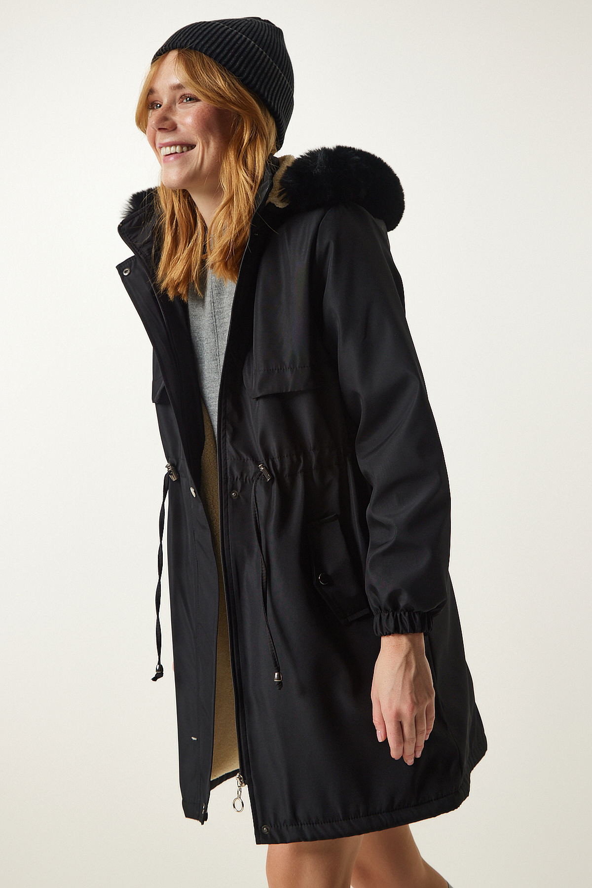 Lovelyİstanbul  Kapüşonlu Kürklü Kaban SİYAH LDD0038 - Görsel 2