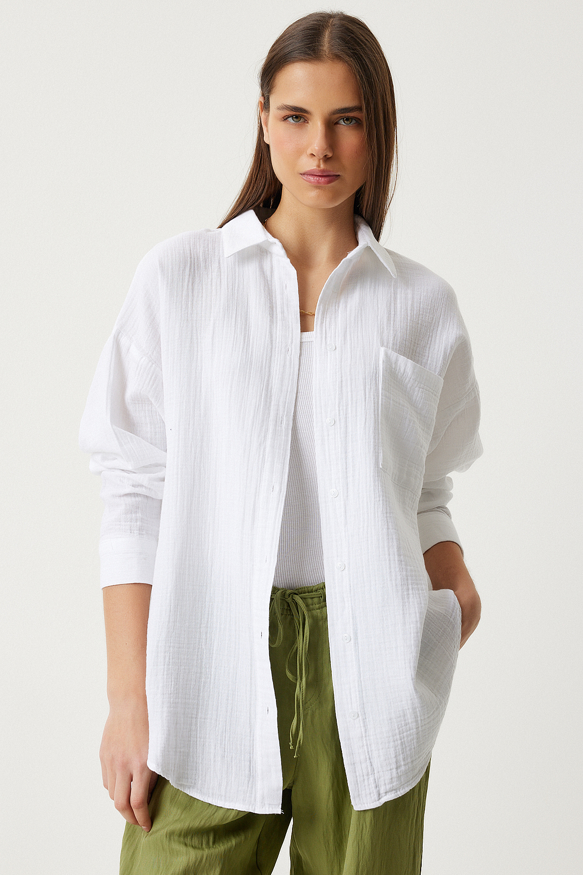 Lovelyİstanbul  Oversize Basic Müslin Gömlek BEYAZ LMX0002 - Görsel 4