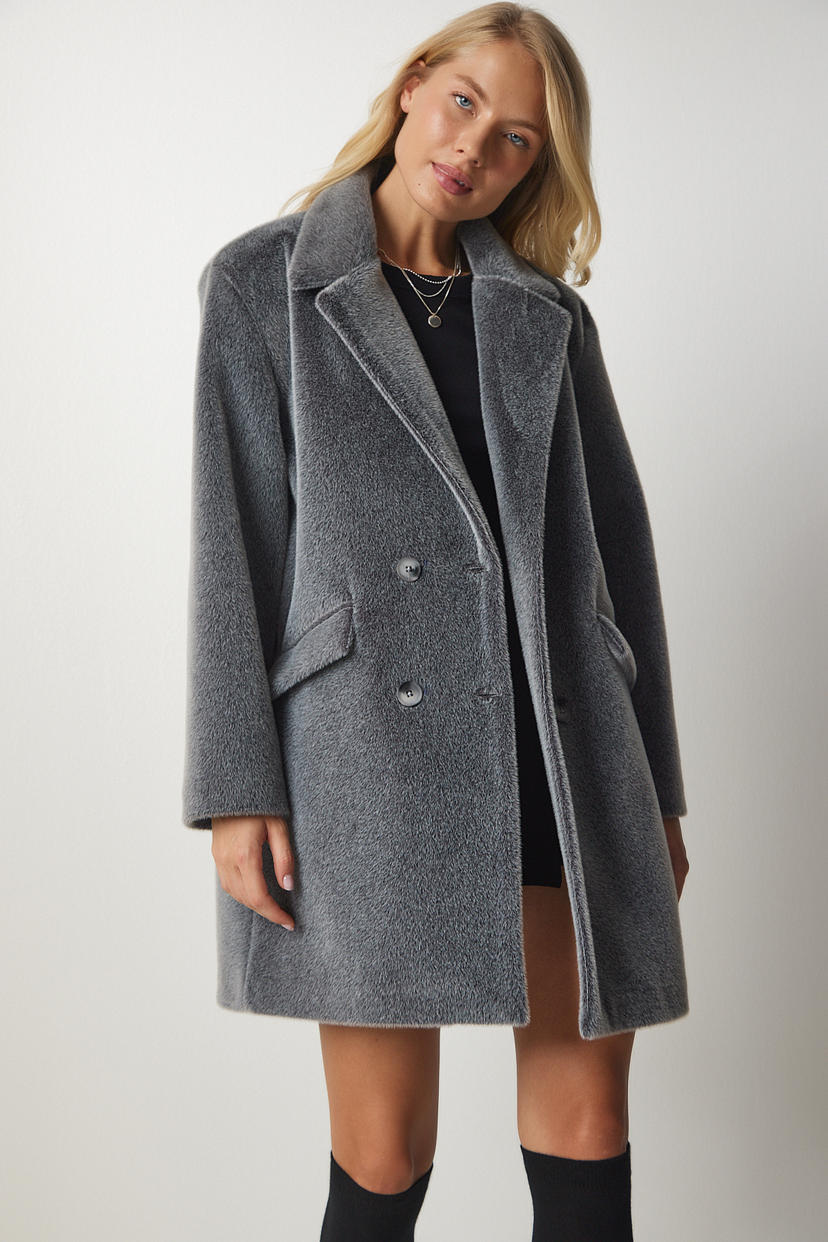 Lovelyİstanbul  Tavşan Tüyü Görünümlü Oversize Kaban GRİ LMX0027 - Görsel 5