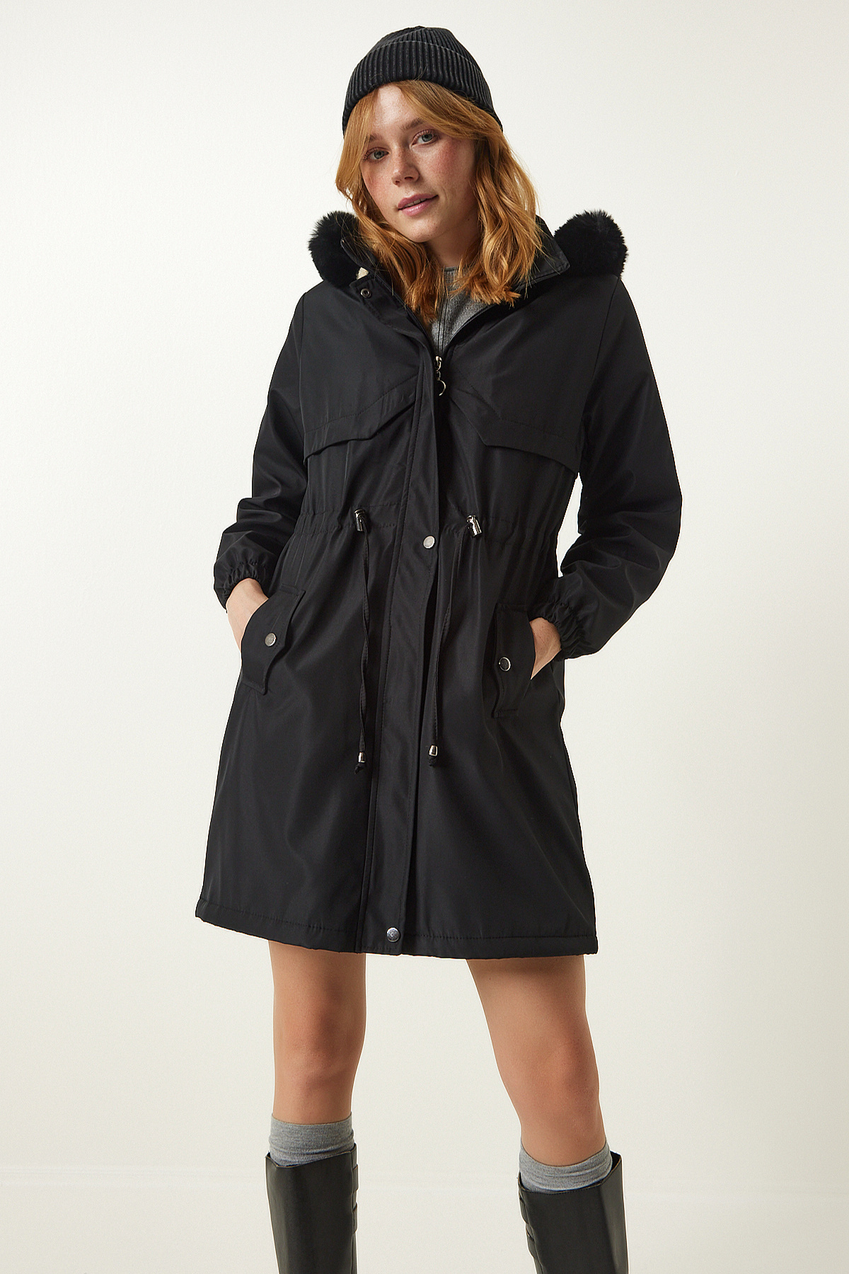 Lovelyİstanbul  Kapüşonlu Kürklü Kaban SİYAH LDD0038 - Görsel 4