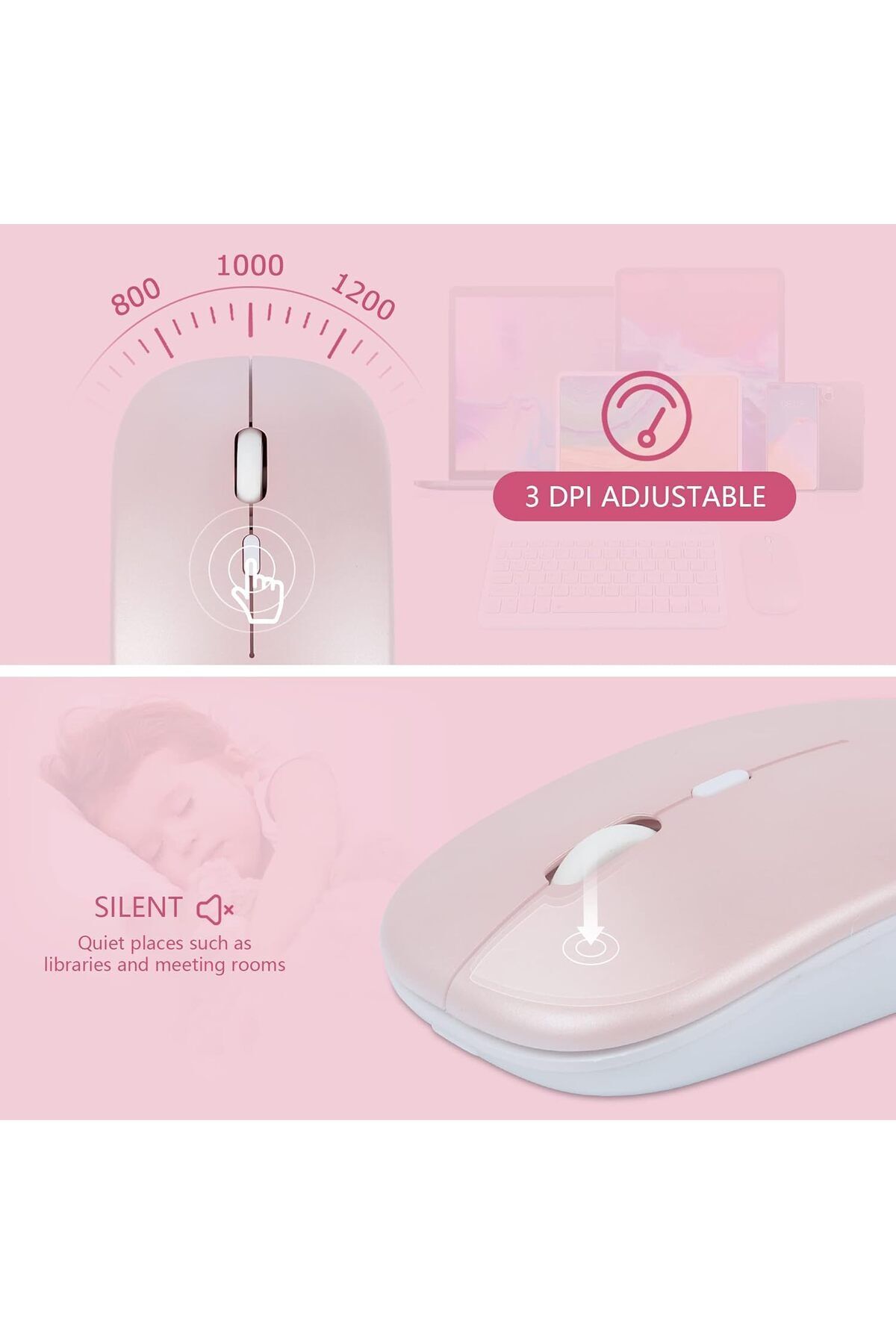 fulina-Wireless Keyboard and Mouse Bluetooth,Rechargeable Wireless Mouse Keyboard Set,Pink,10 inch 5