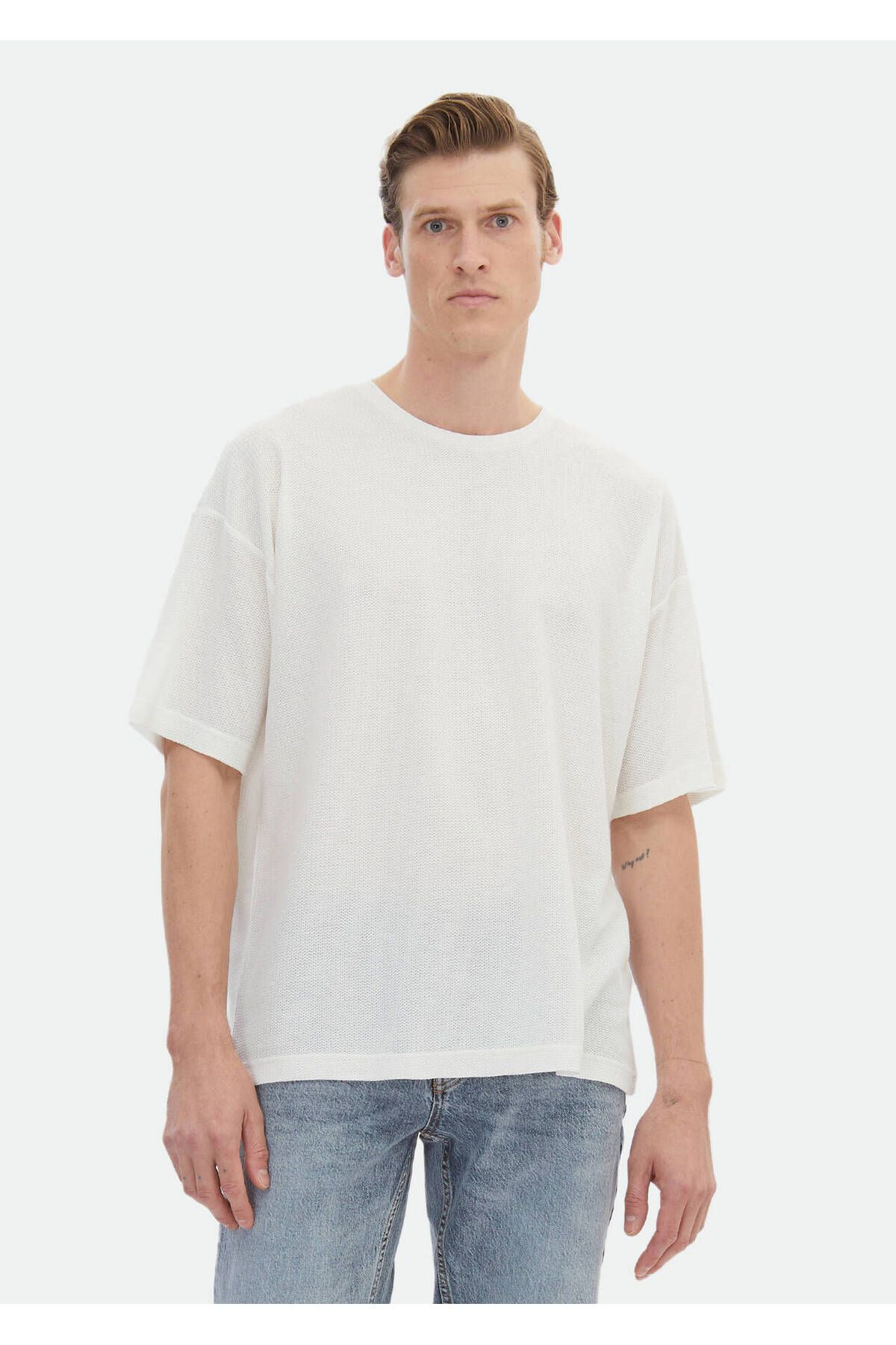 Ramsey-Crew Neck 100% Cotton Ecru T-Shirt - Jacquard 3