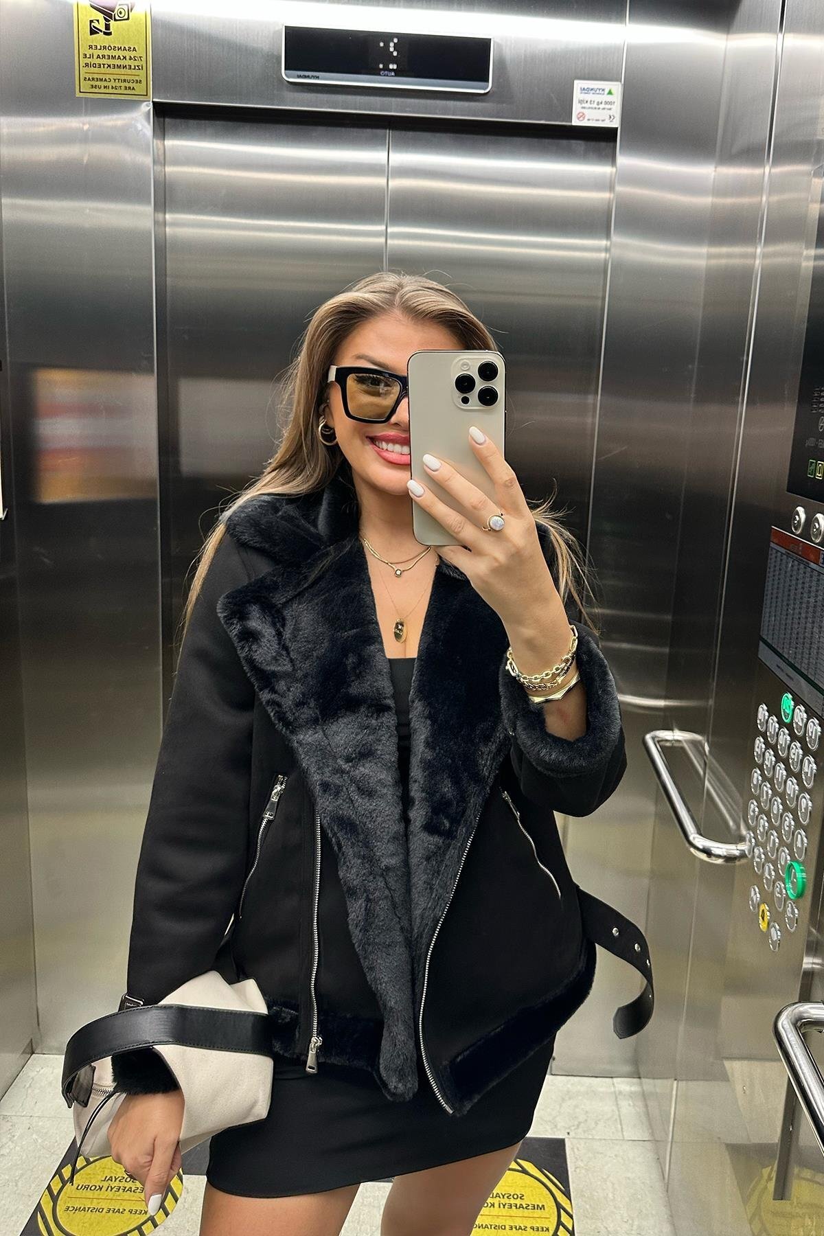 VESS MODA  Kadın İçi İpek Kürklü Siyah Süet Biker Mont - Görsel 5