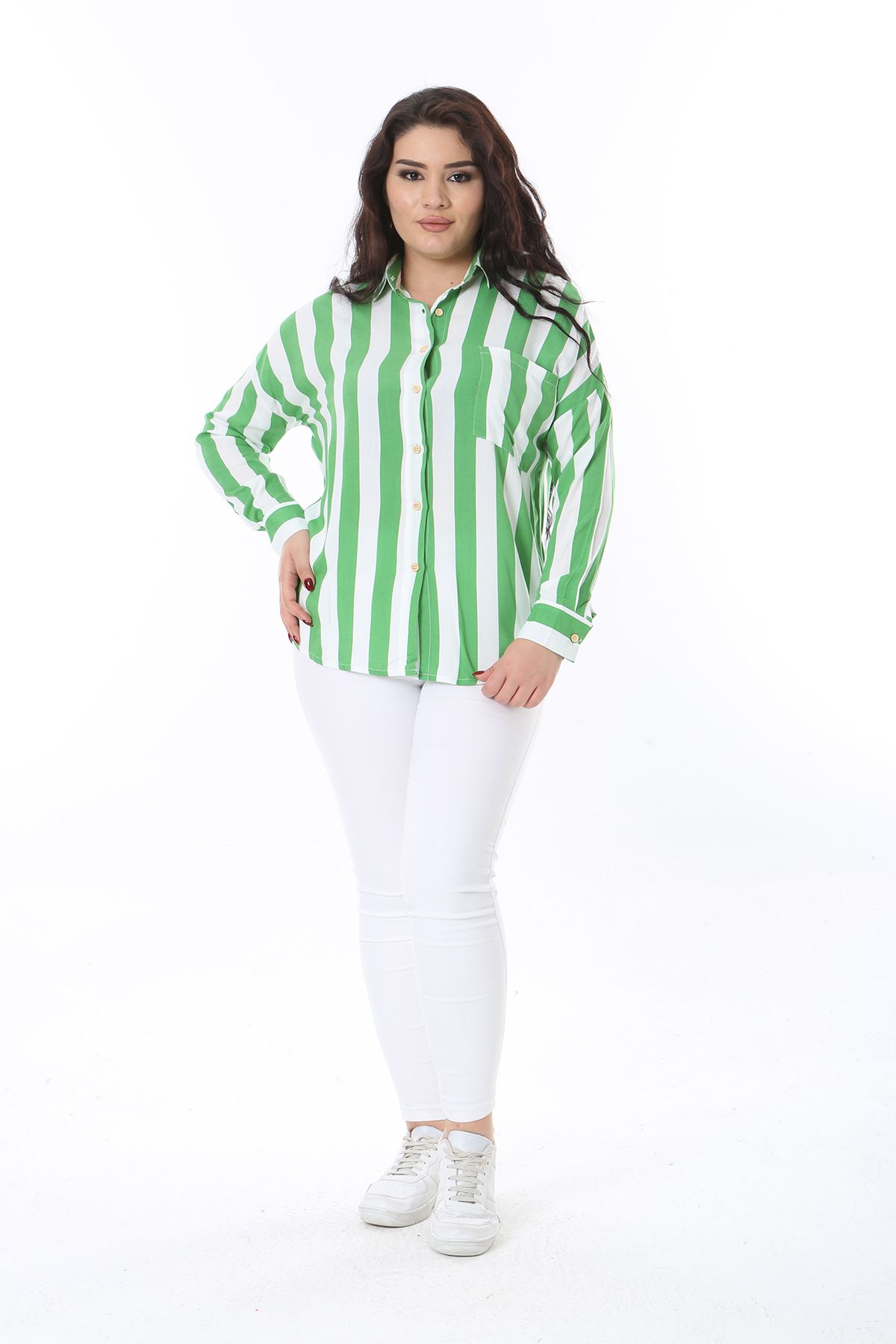 Şans-Women's Plus Size Green Front Button Cuffed Long Sleeve Striped Blouse 65N38751 1