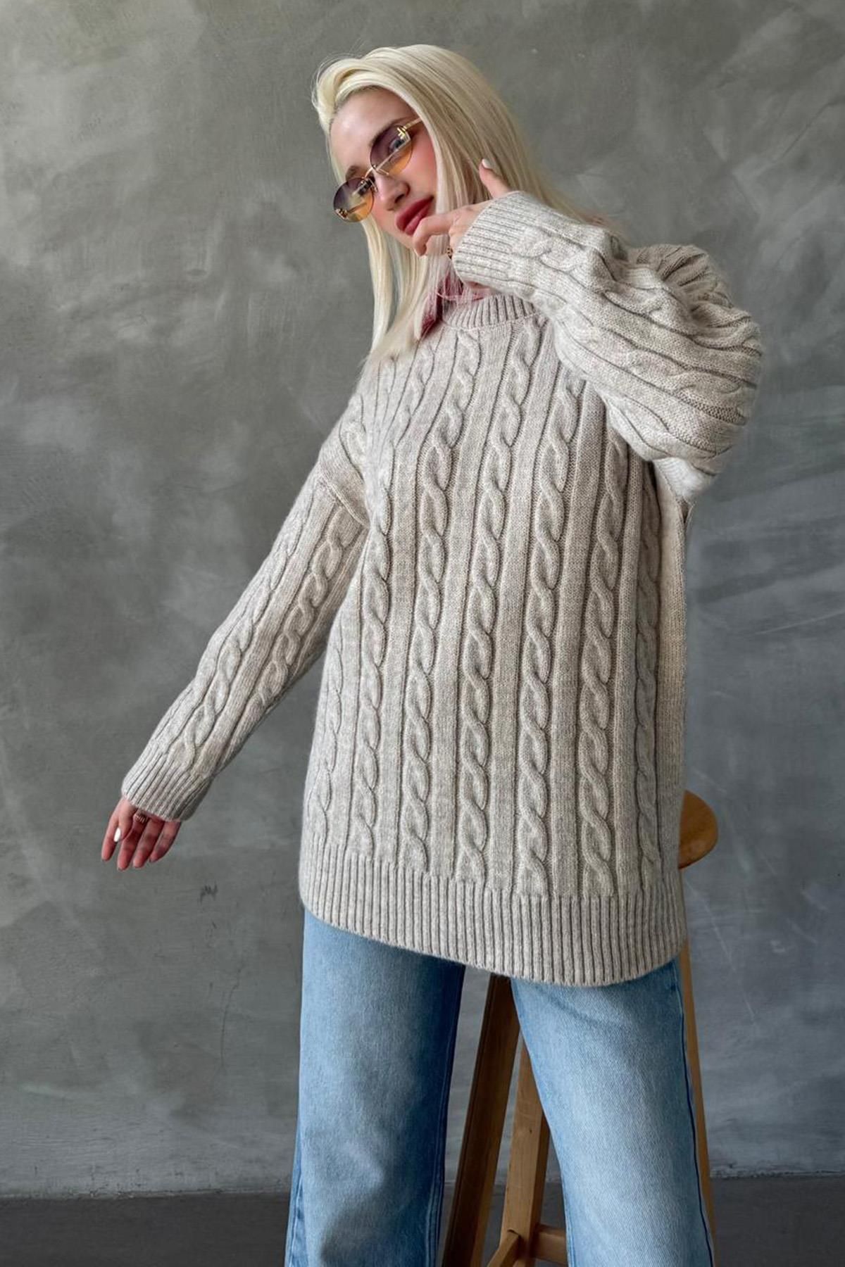 Madmext-Beige Crew Neck Braided Knitwear Sweater Mg2336 3