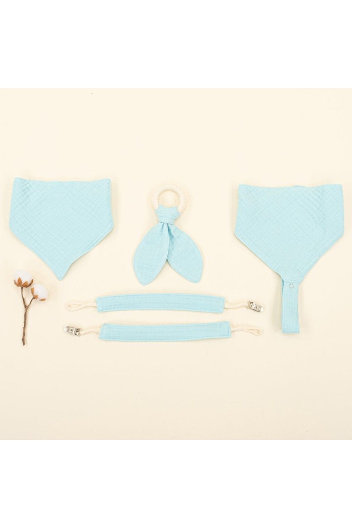 Yunikobaby-Teether - Pacifier Strap - Drool Bib Set - Four Layer Turquoise Muslin 1