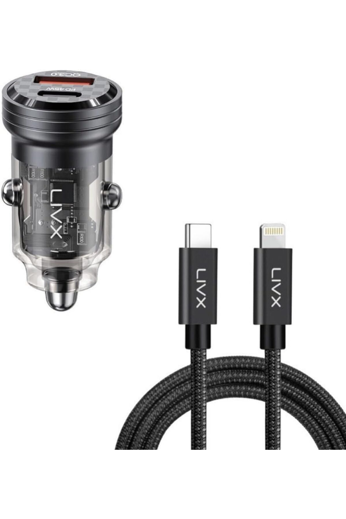 STOREMAX ysstorex Transparent 45W PD/QC Mini Araç şarj Cihazı ve 1 Metre iPhone Hızlı Şarj Kablosu L35