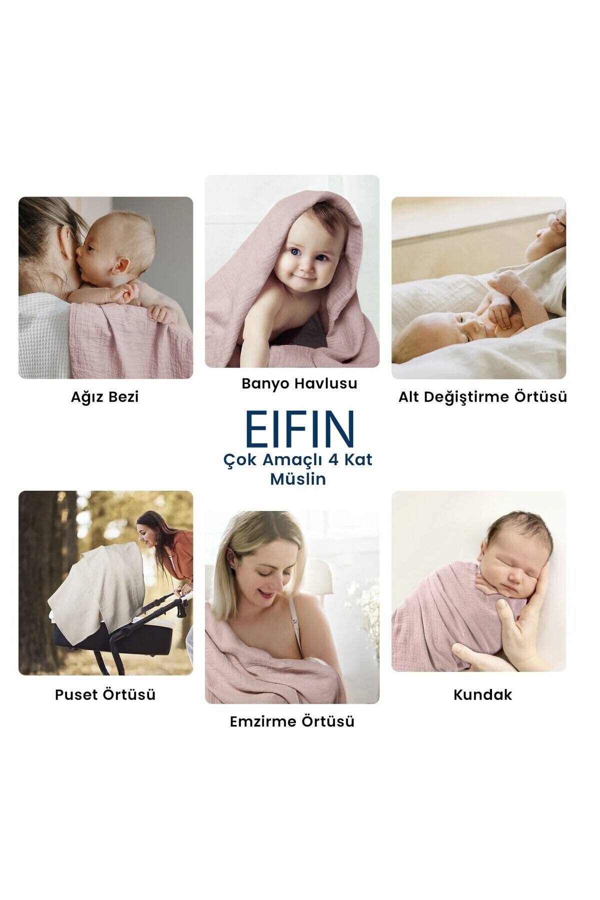 EIFIN Çok Amaçlı Müslin Örtü & Battaniye 2'li Set %100 Pamuk Oeko-teks Sertifikalı 80x80 cm fotoğrafı 6 (önizleme)