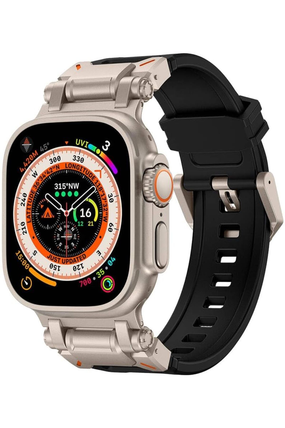 STOREMAX lbstorex İle Uyumlu Watch Ultra 49mm KRD-101 Titanyum Metal Başlıklı Silikon Kordon Siyah-Titany