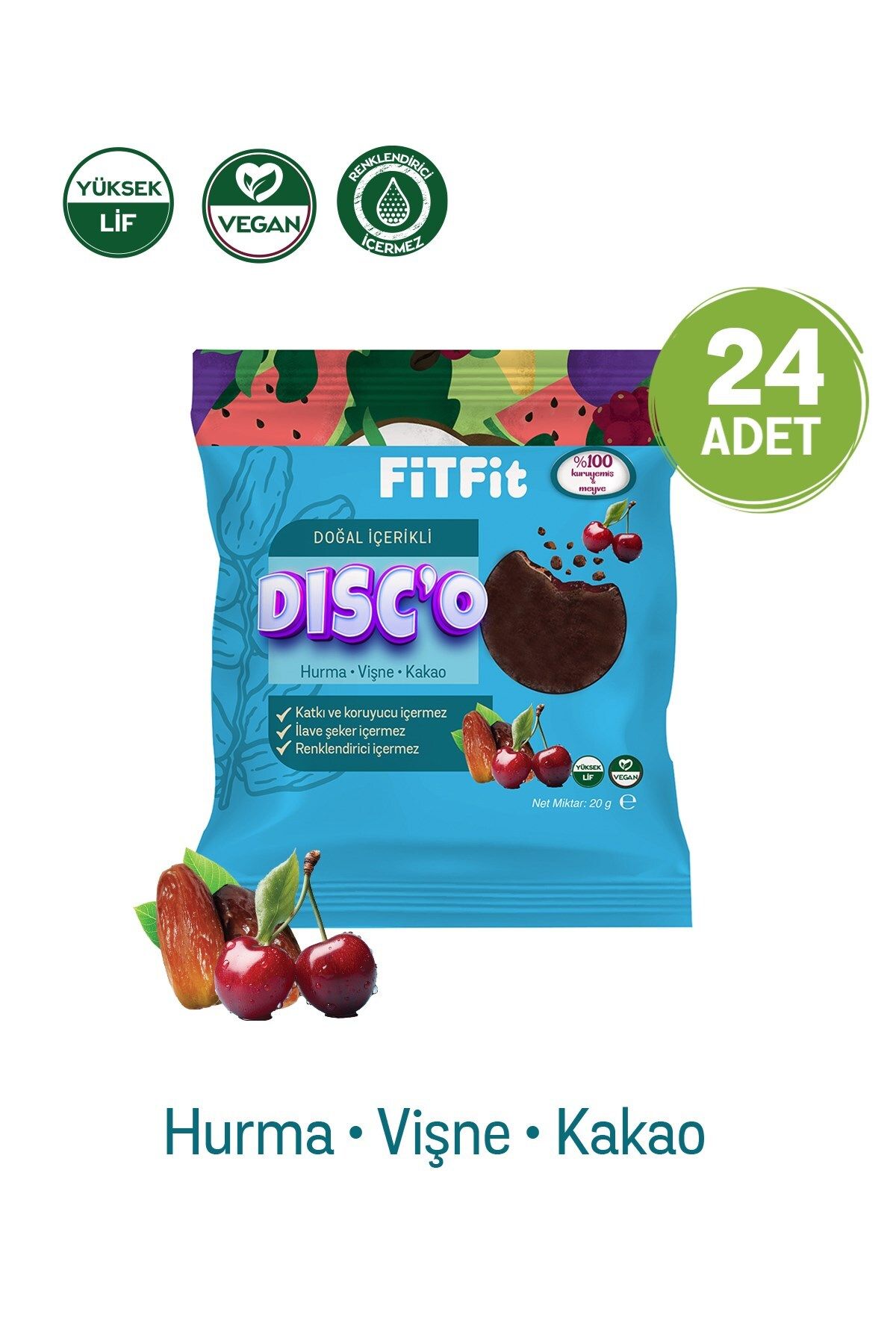 FitFit Disc'o Hurma Vişne Kakao Meyve Diski Glutensiz, Doğal ve Sağlıklı Atıştırmalık 20GR X 24 ADET