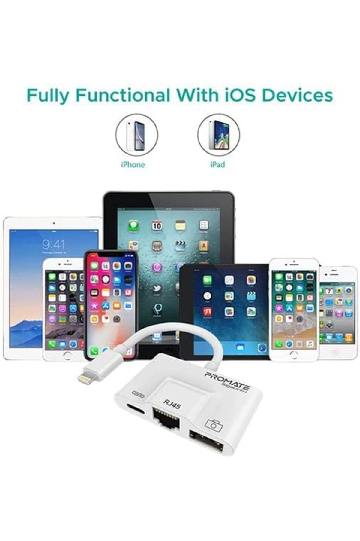 Promate-GigaLink-i.White OTG Lightning Hub, 3-in-1 Adapter with Ethernet & Charge for iPhone 3