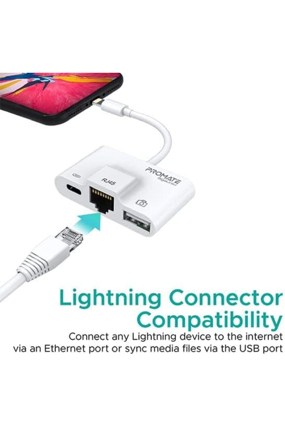 Promate-GigaLink-i.White OTG Lightning Hub, 3-in-1 Adapter with Ethernet & Charge for iPhone 6