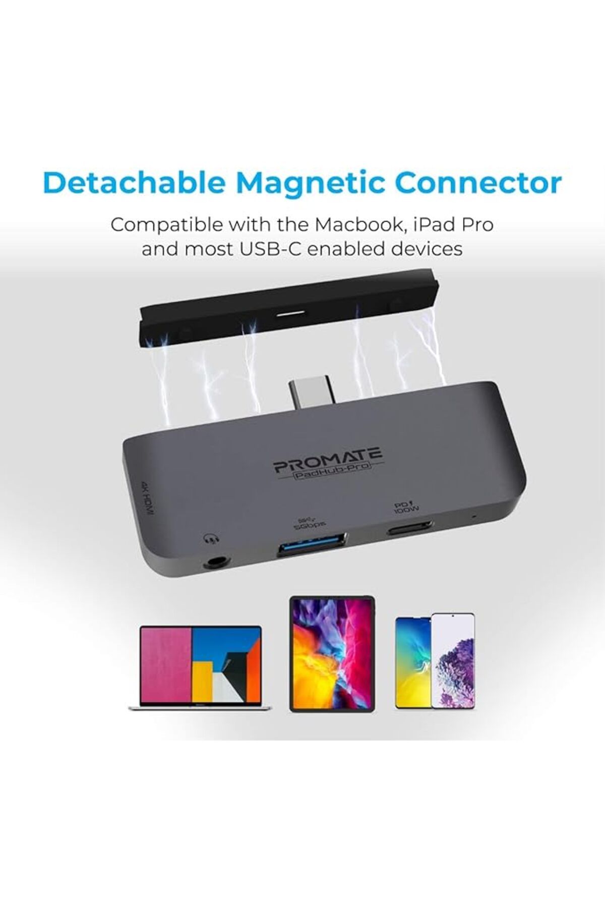 Promate-موزع USB-C 4 في 1، طاقة 100 واط، شاشة 4K، USB 3.0، AUX لأجهزة MacBook وiOS وWindows 5