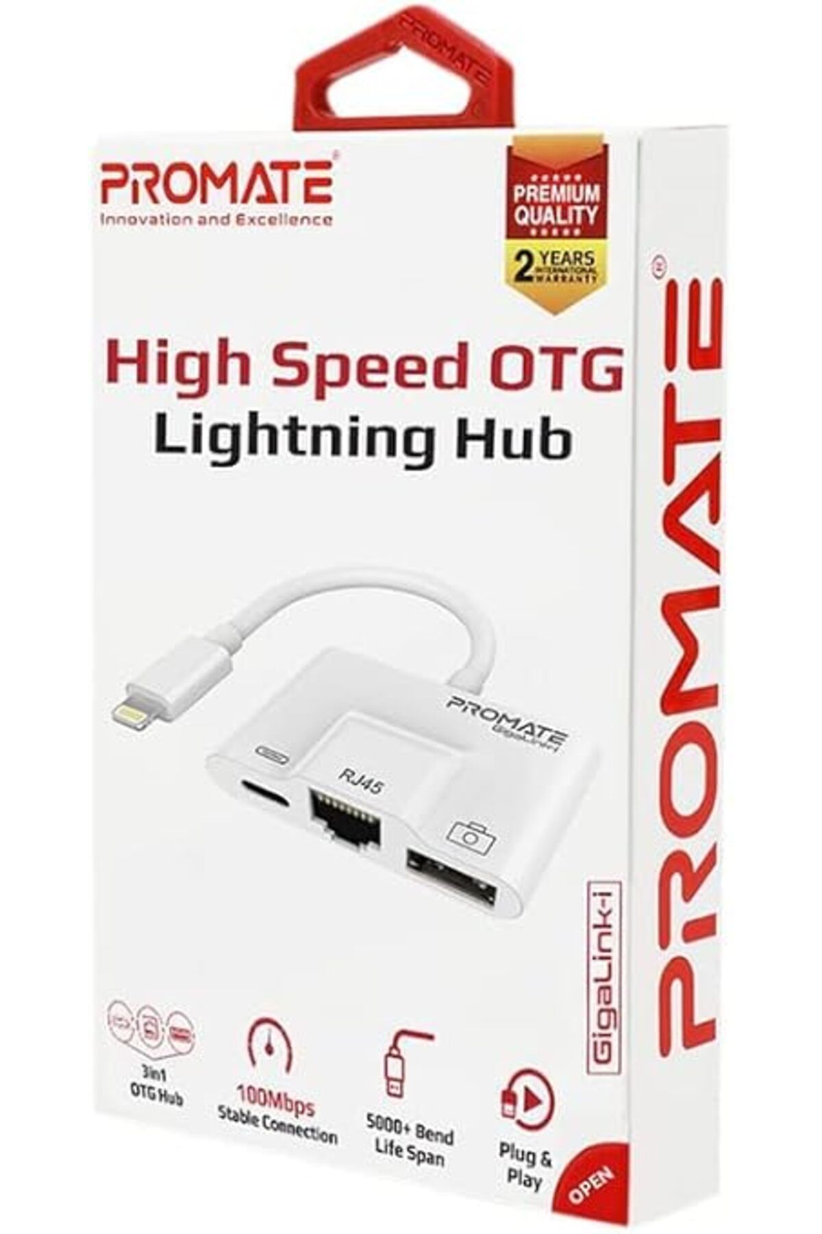 Promate-GigaLink-i.White OTG Lightning Hub, 3-in-1 Adapter with Ethernet & Charge for iPhone 7