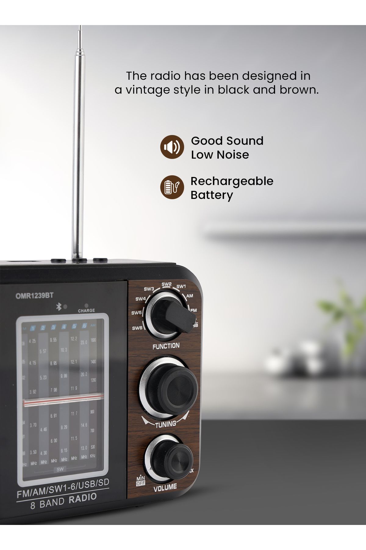 Olsenmark-Rechargeable Radio With Usb Omr1239bt Speaker Music Player Brown/black 2 Year Warranty 5