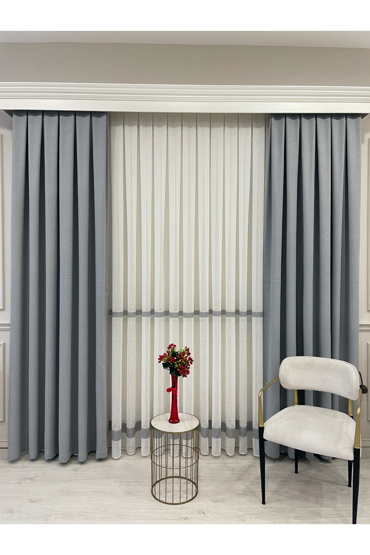 Brillant-Linen Look Banded 1/3 Sik Pleat - Ecru/Grey Color Tulle Curtain 4