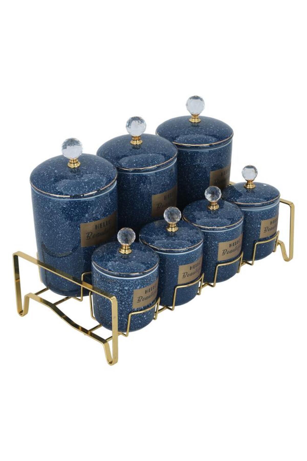 ALSAIF-Porcelain Spice Boxes Set With Golden Stand 7 Pieces Blue 2