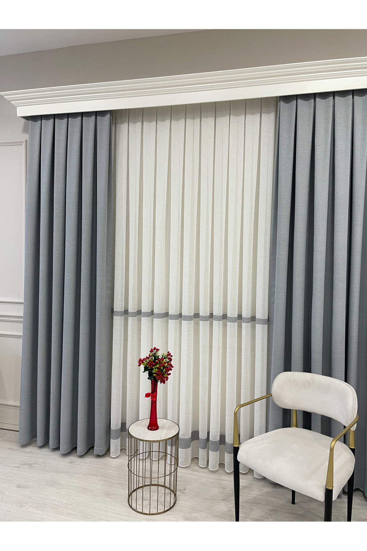 Brillant-Linen Look Banded 1/3 Sik Pleat - Ecru/Grey Color Tulle Curtain 6