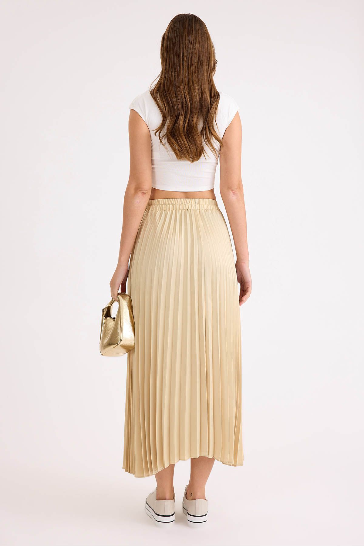 Vitrin-Pleated Midi Satin Skirt with Elastic Waist 4
