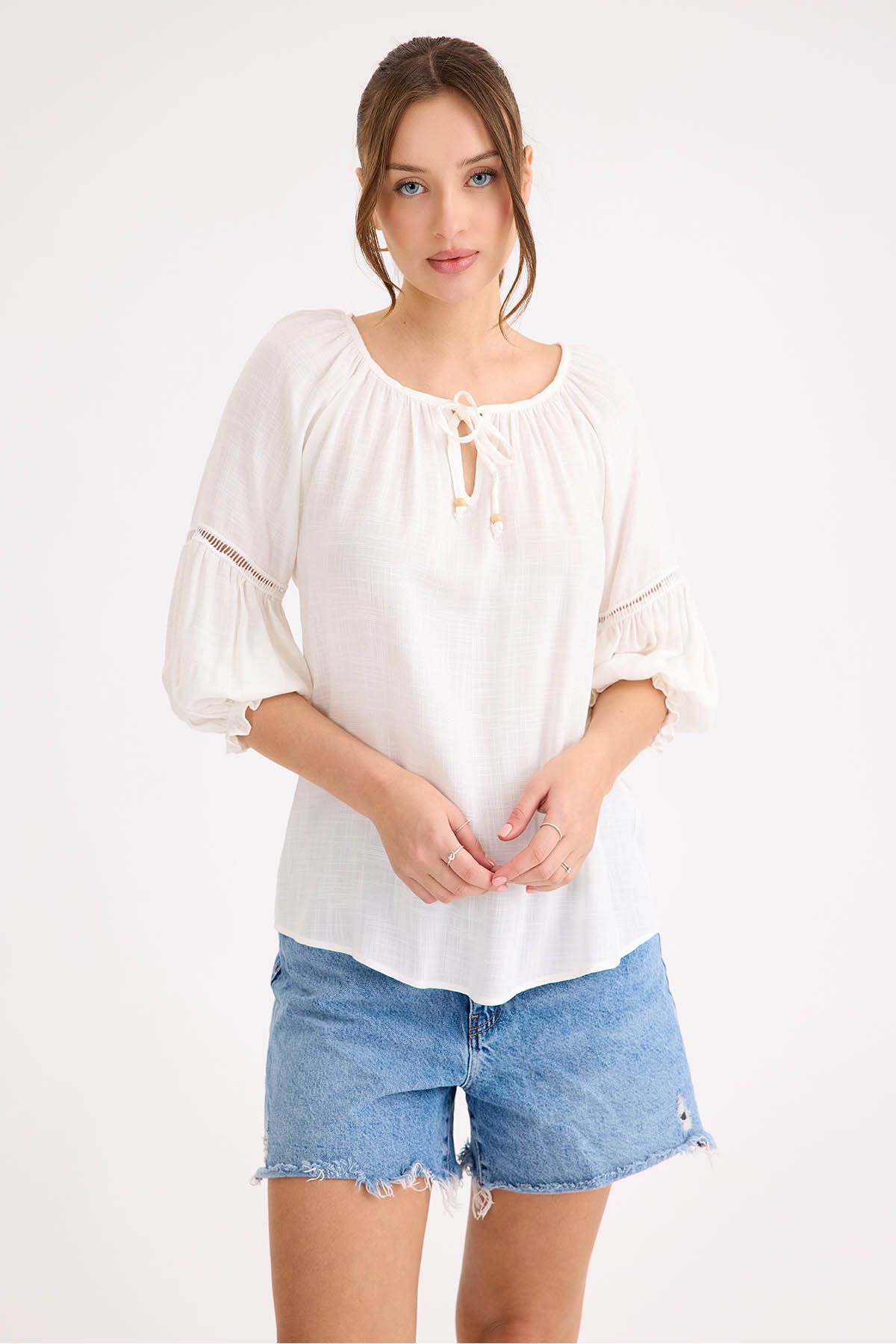 Vitrin-Elastic Sleeve Front Tie Linen Blouse 1