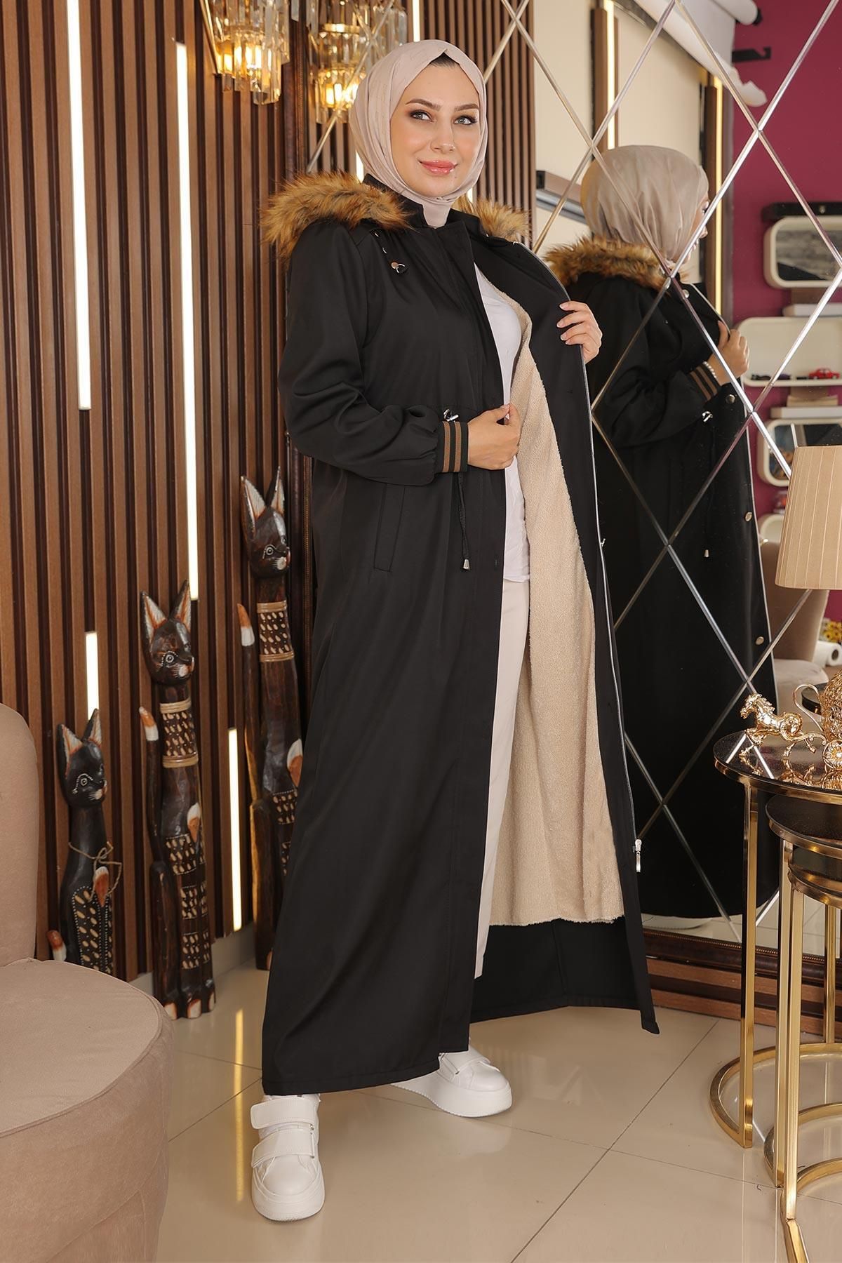 Modamihram-Plus Size Hooded Ribbed Coat Black 15500 3