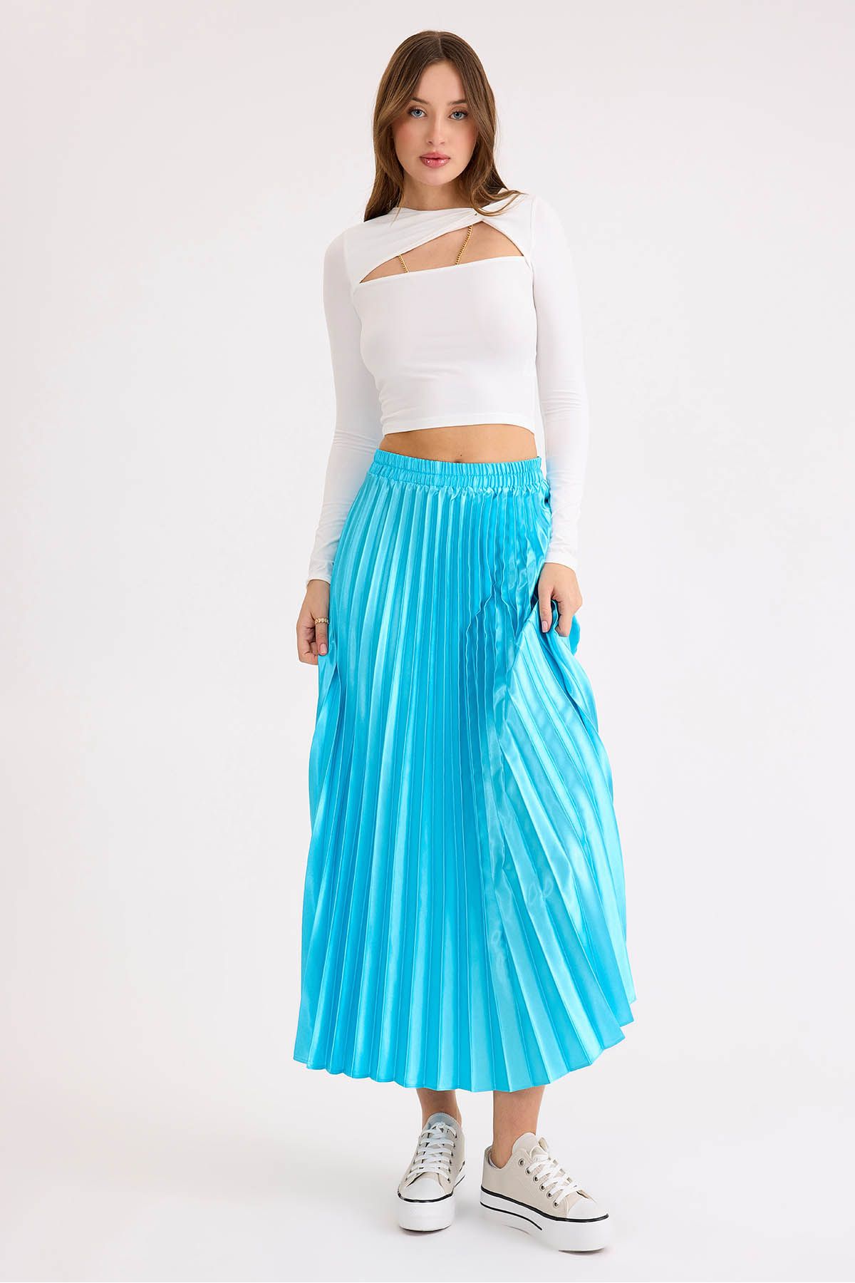Vitrin-Pleated Midi Satin Skirt with Elastic Waist 3