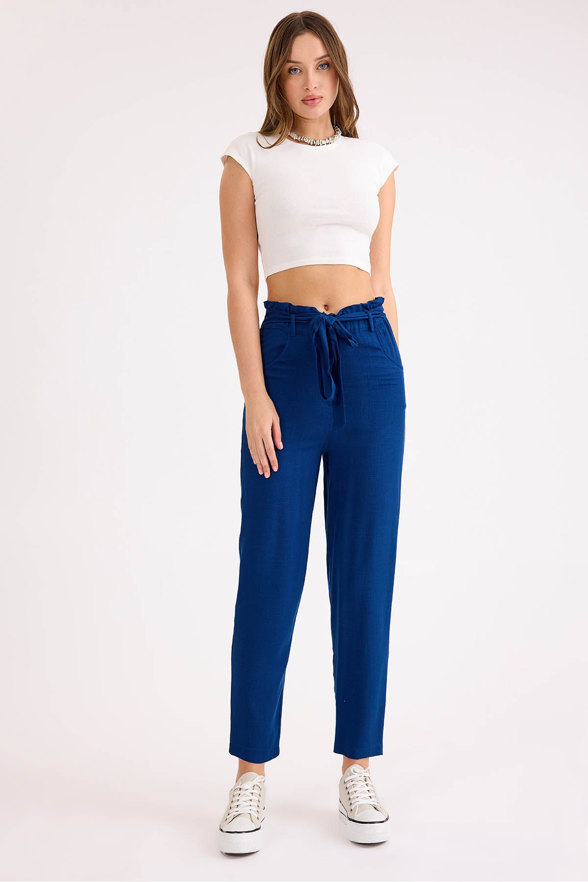 Vitrin-High Waist Belted Viscose Linen Trousers 1