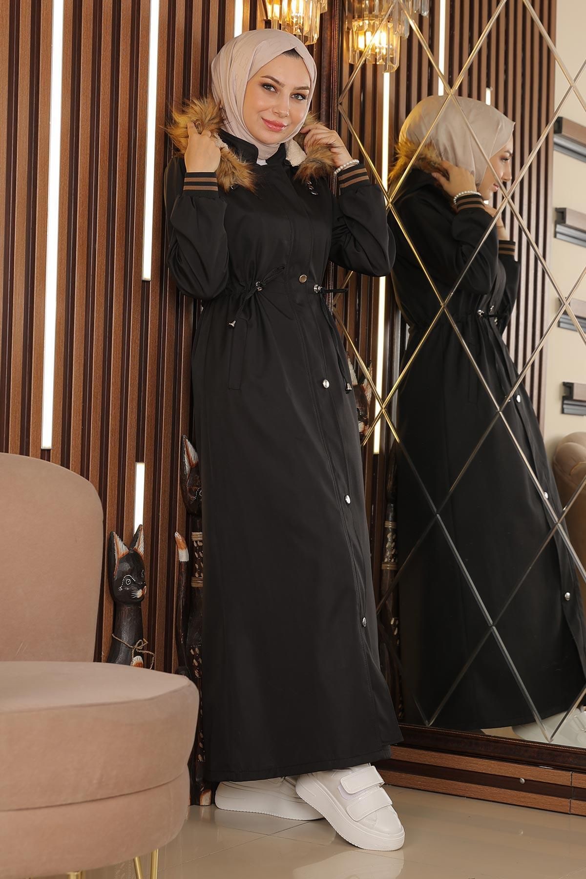 Modamihram-Plus Size Hooded Ribbed Coat Black 15500 4