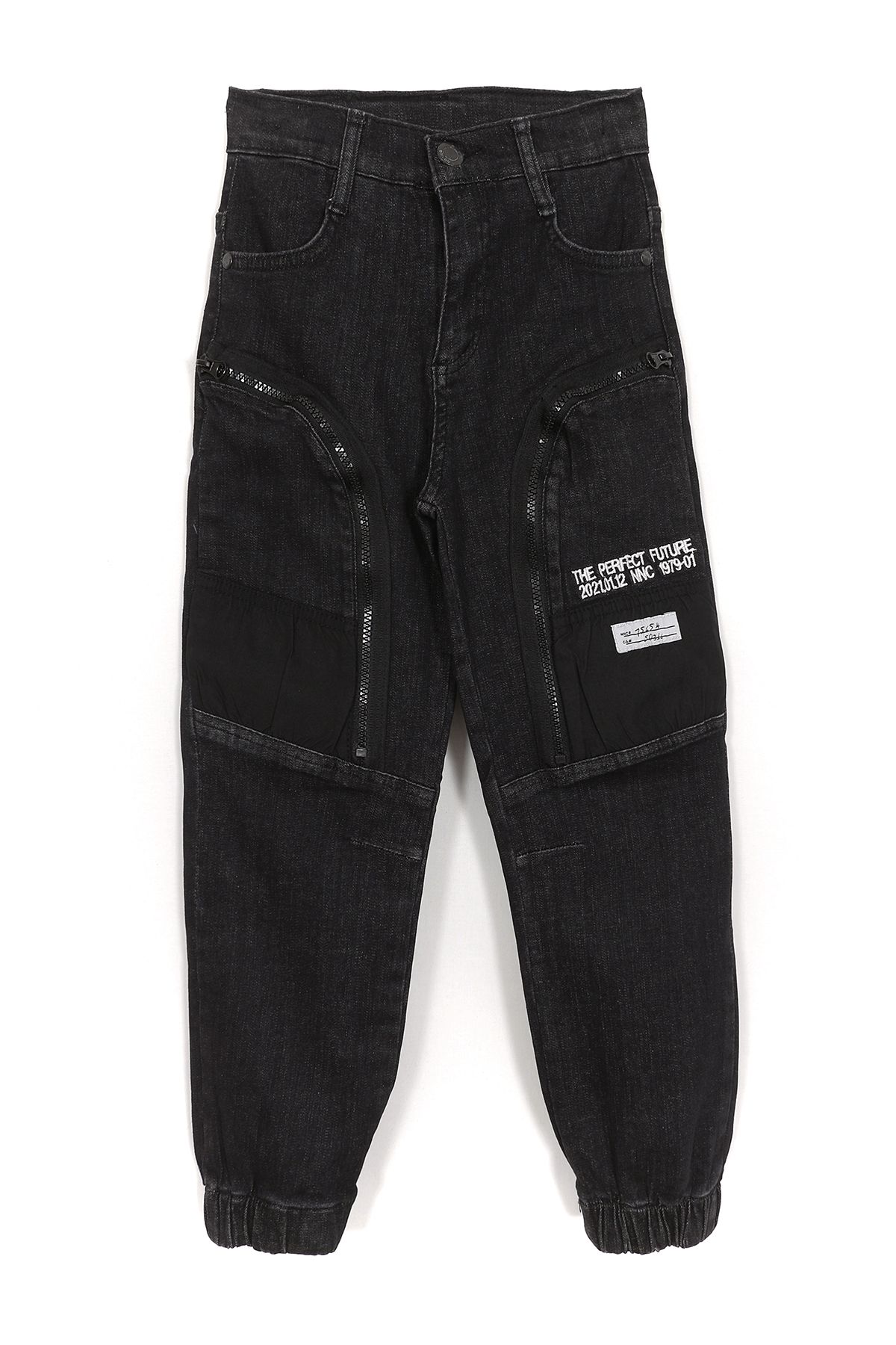 DobaKids-Boy's Black Denim Jogger Pants with Zipper and Pocket Detail 1