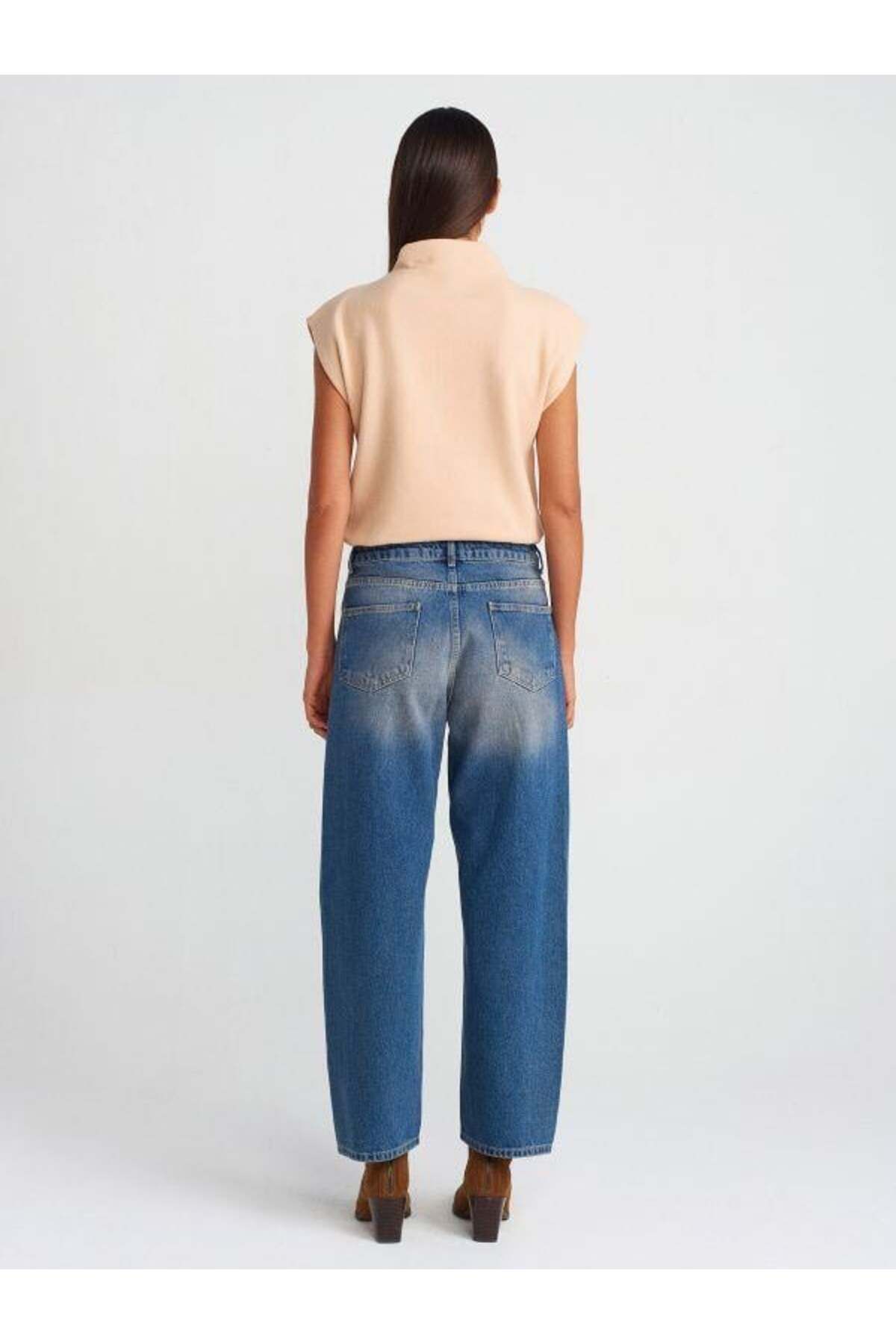 Dilvin-71729 Pantaloni de jeans cu balon cu cusături albastre 4