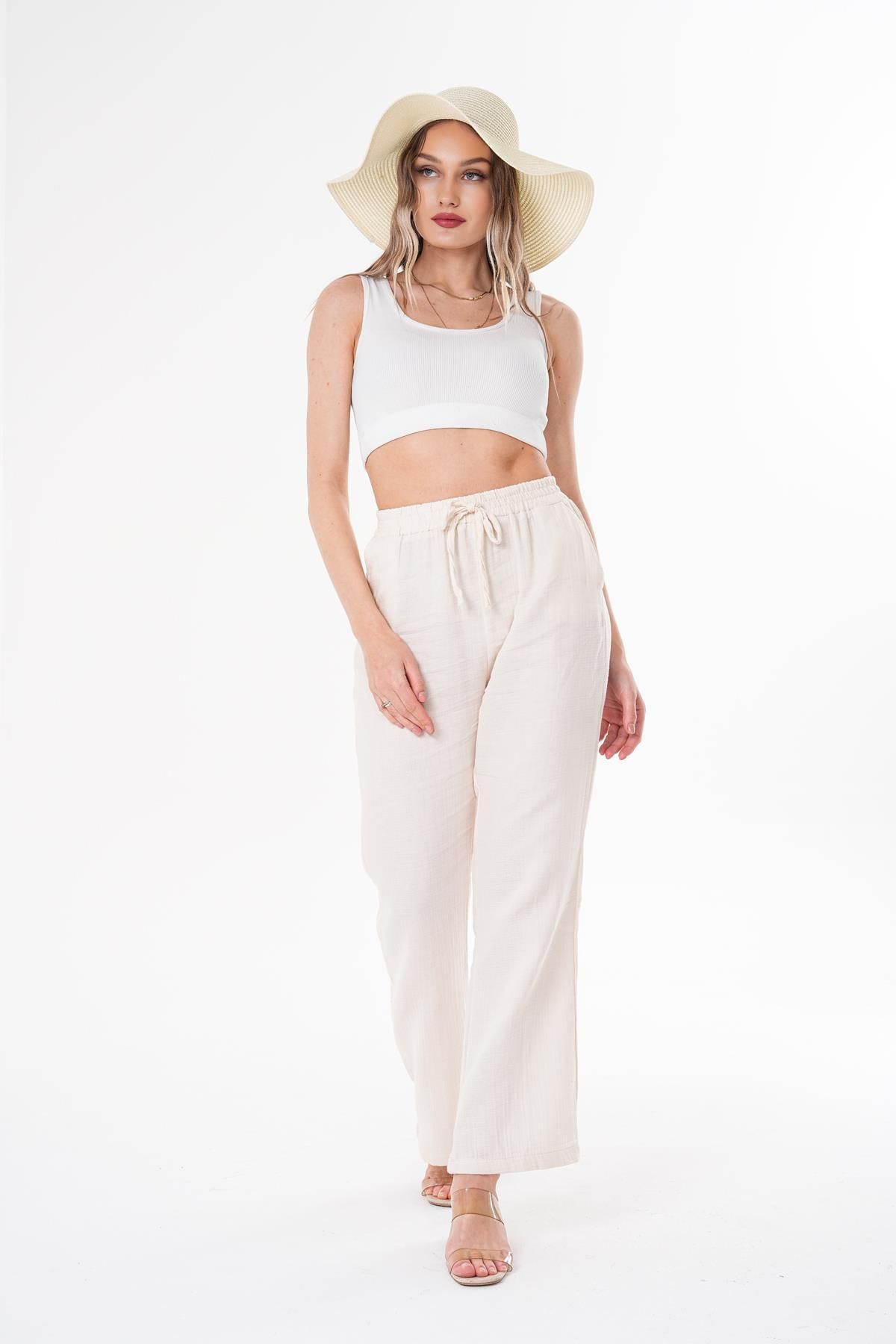 ŞİMAL-Women's Wide Leg Muslin Trousers 250130   - 3