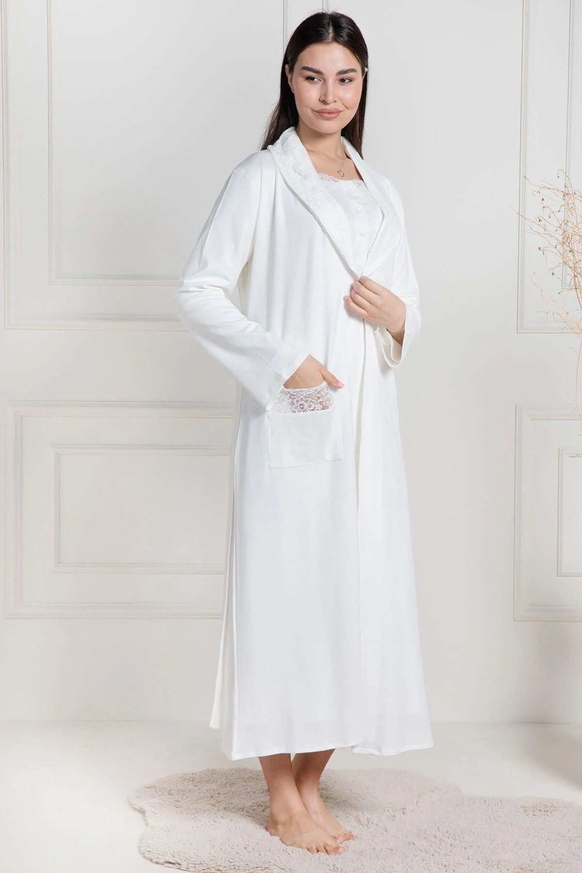 LOHOUSE-Women's Ecru Cotton Maternity Nightgown-Morning Gown Set of 2 4