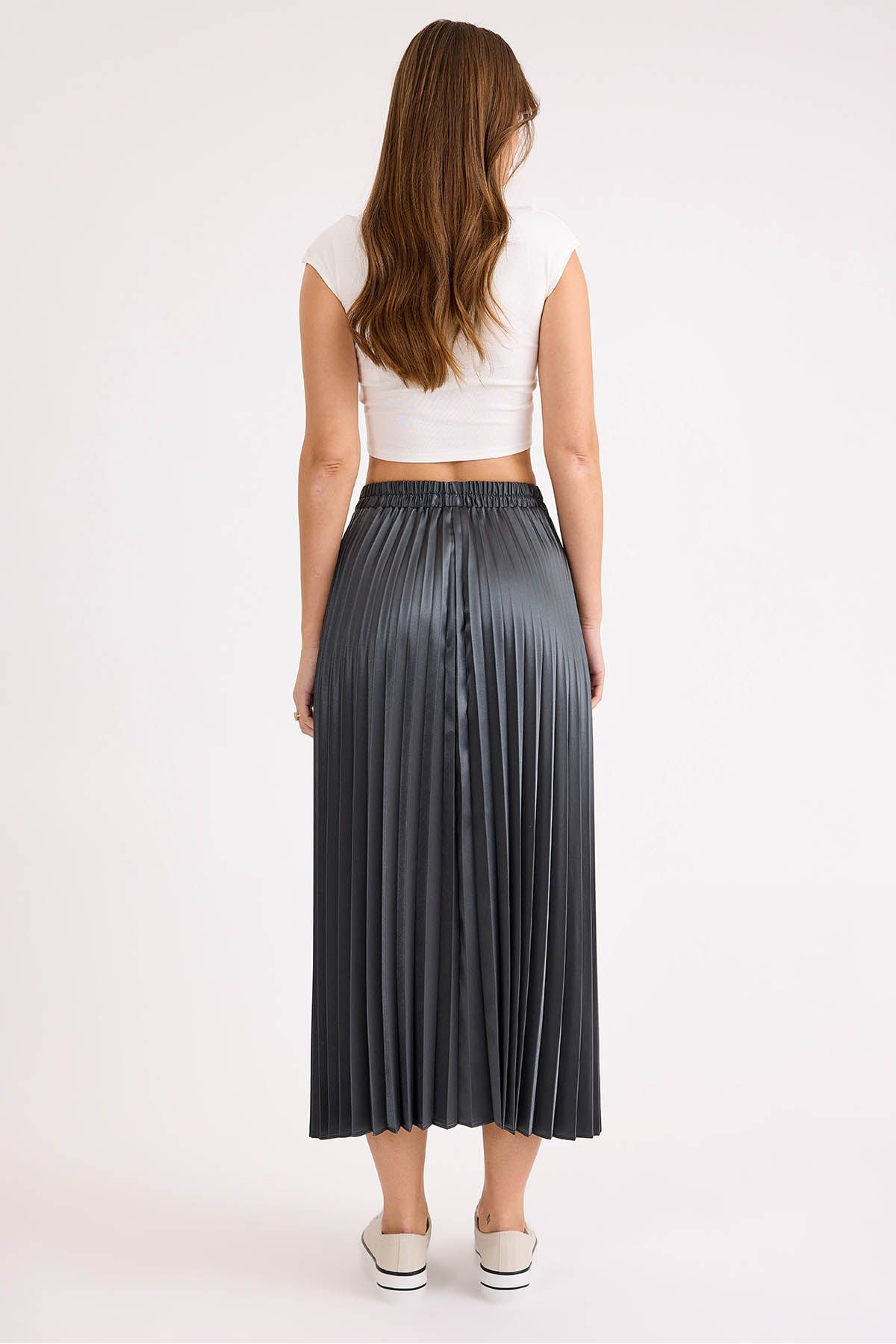Vitrin-Pleated Midi Satin Skirt with Elastic Waist 4