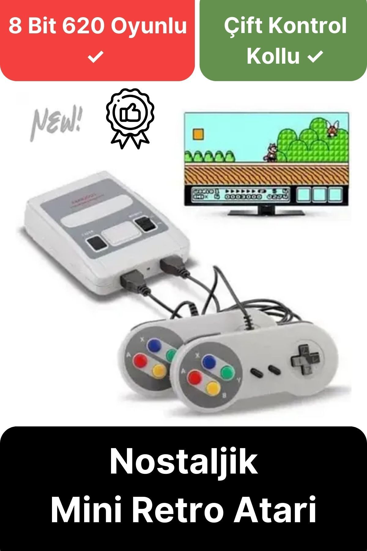 Svein Premium HD Klasik 8 Bit 620 Oyunlu Televizyon Çift 2 Kontrol Kollu Nostalji Super Mini Retro Atari