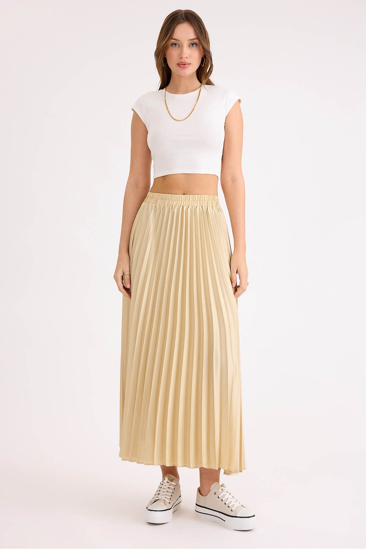 Vitrin-Pleated Midi Satin Skirt with Elastic Waist 3