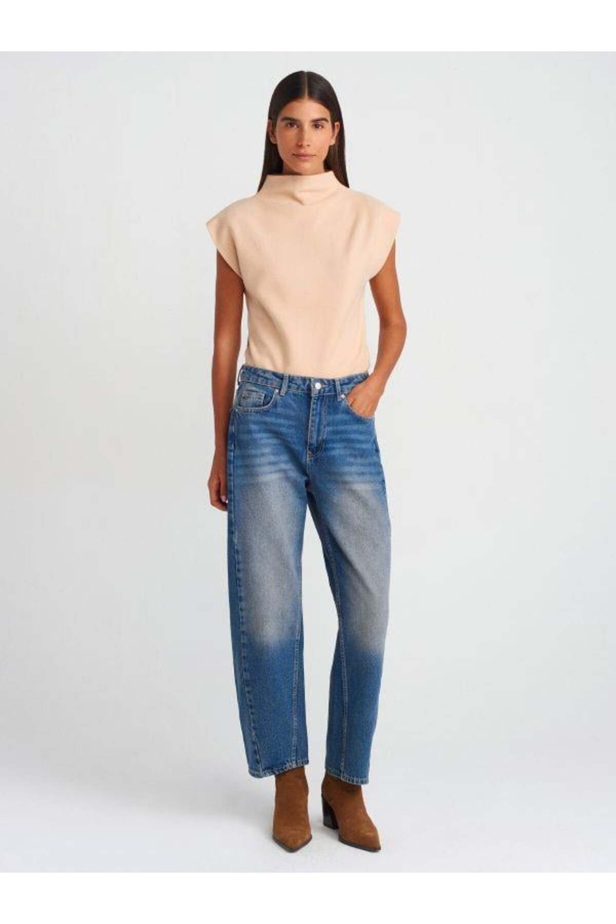 Dilvin-71729 Pantaloni de jeans cu balon cu cusături albastre 3