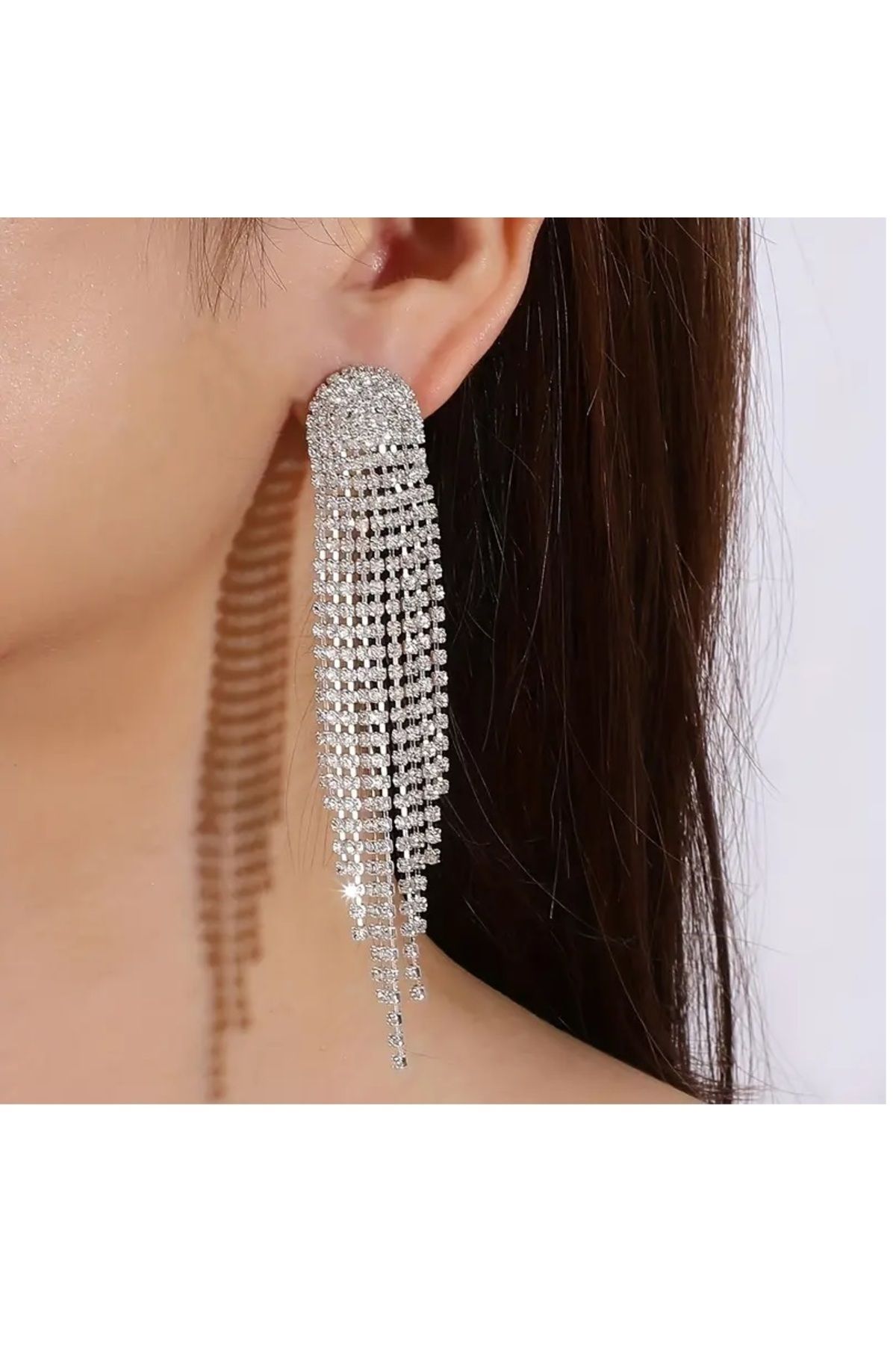 mos&more-White Stone Dangle Long Women's Evening Dress Earrings, Tassel Earrings 6