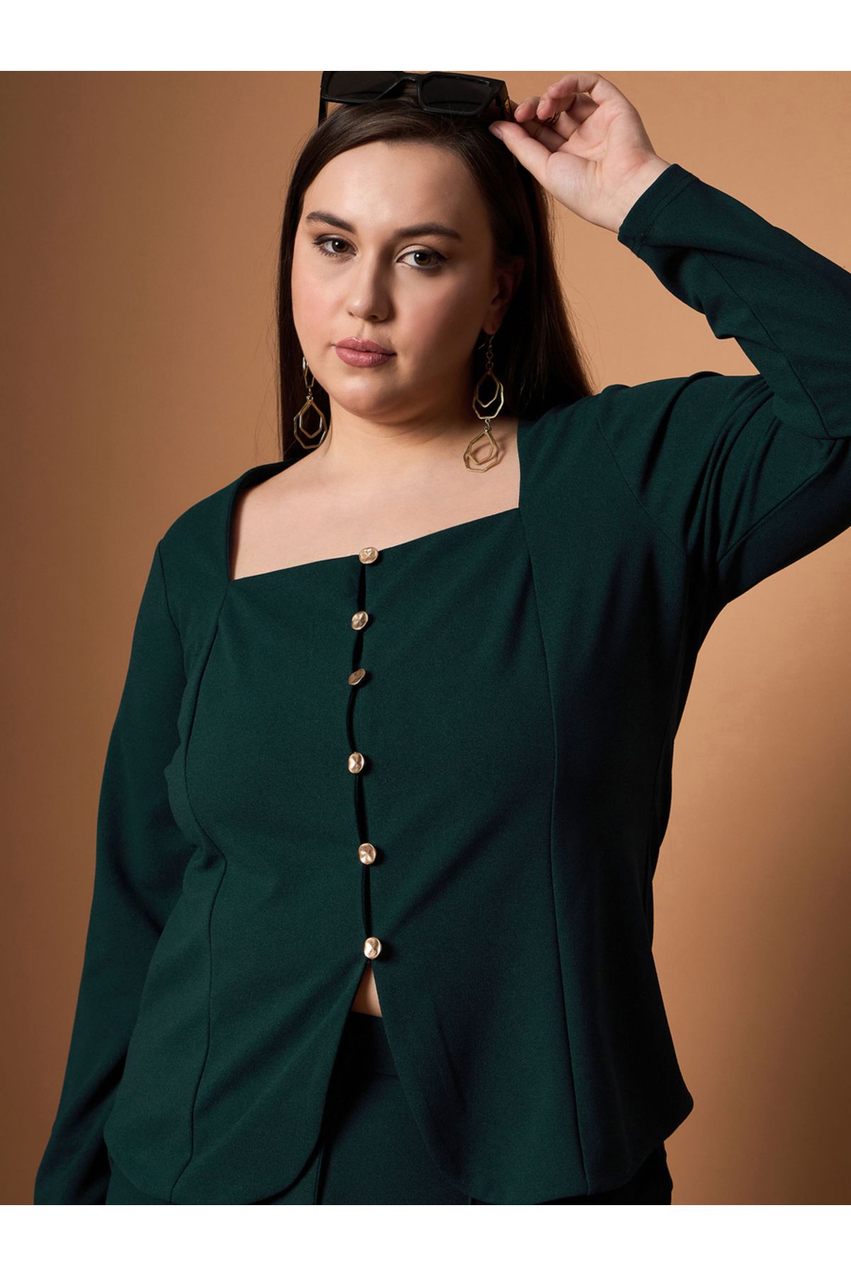 Sassafras By Styli-Plus Size Solid Front Button Top and Straight Pants Set 4