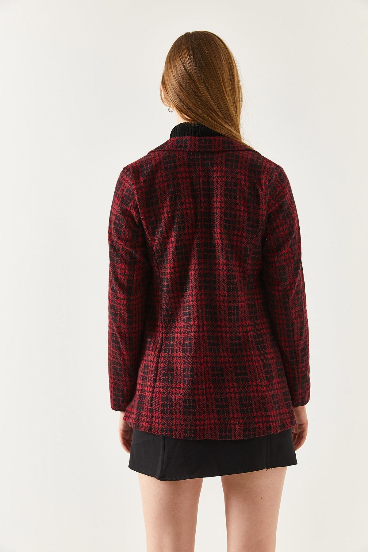armonika-Burgunderrote, karierte Jacke mit einem Knopf und Prägung für Damen ARM-19K001131 4