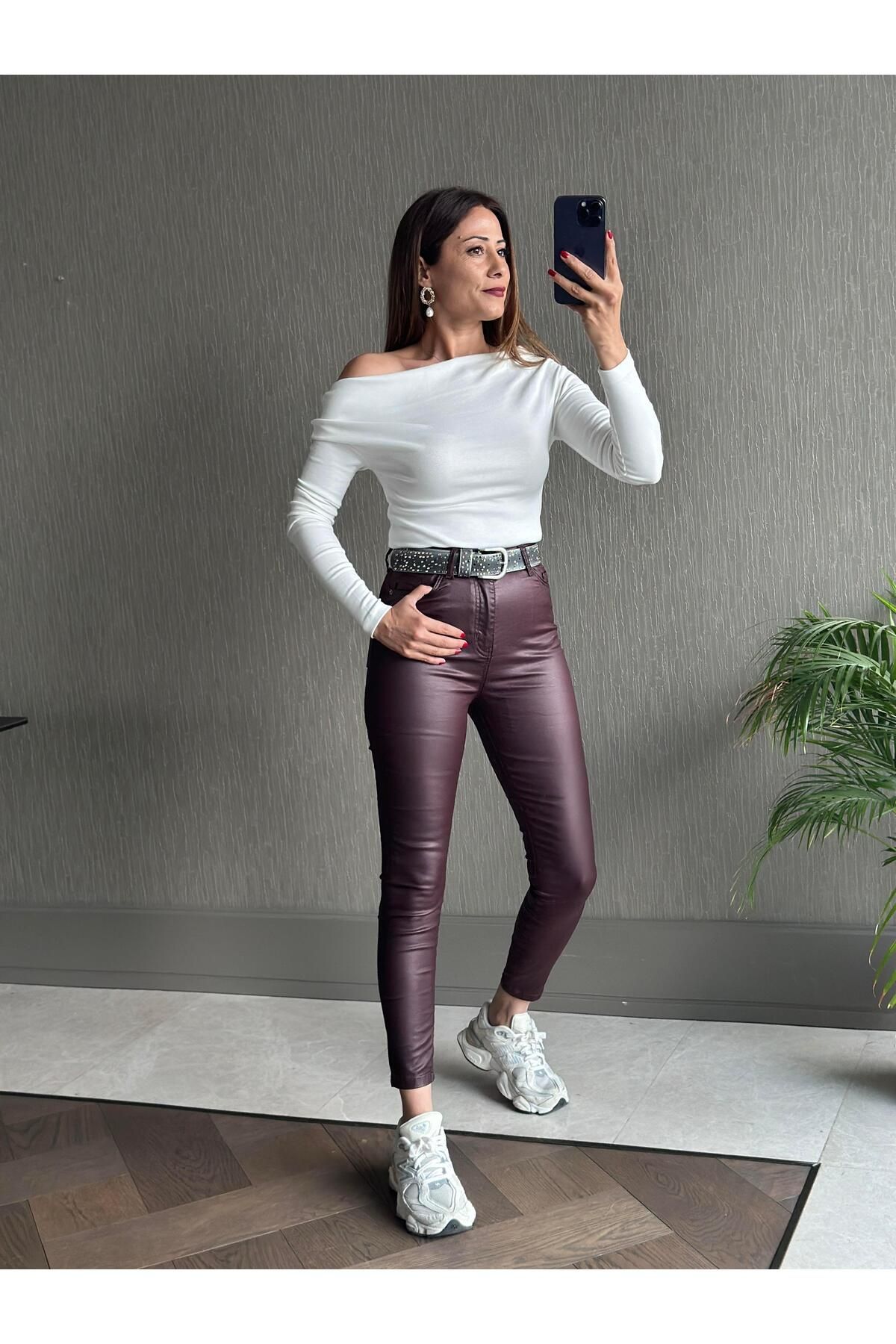 Forlady Butik Bordo Samyeli Mum Kaplamalı Skinny Kadın Jean Pantolon