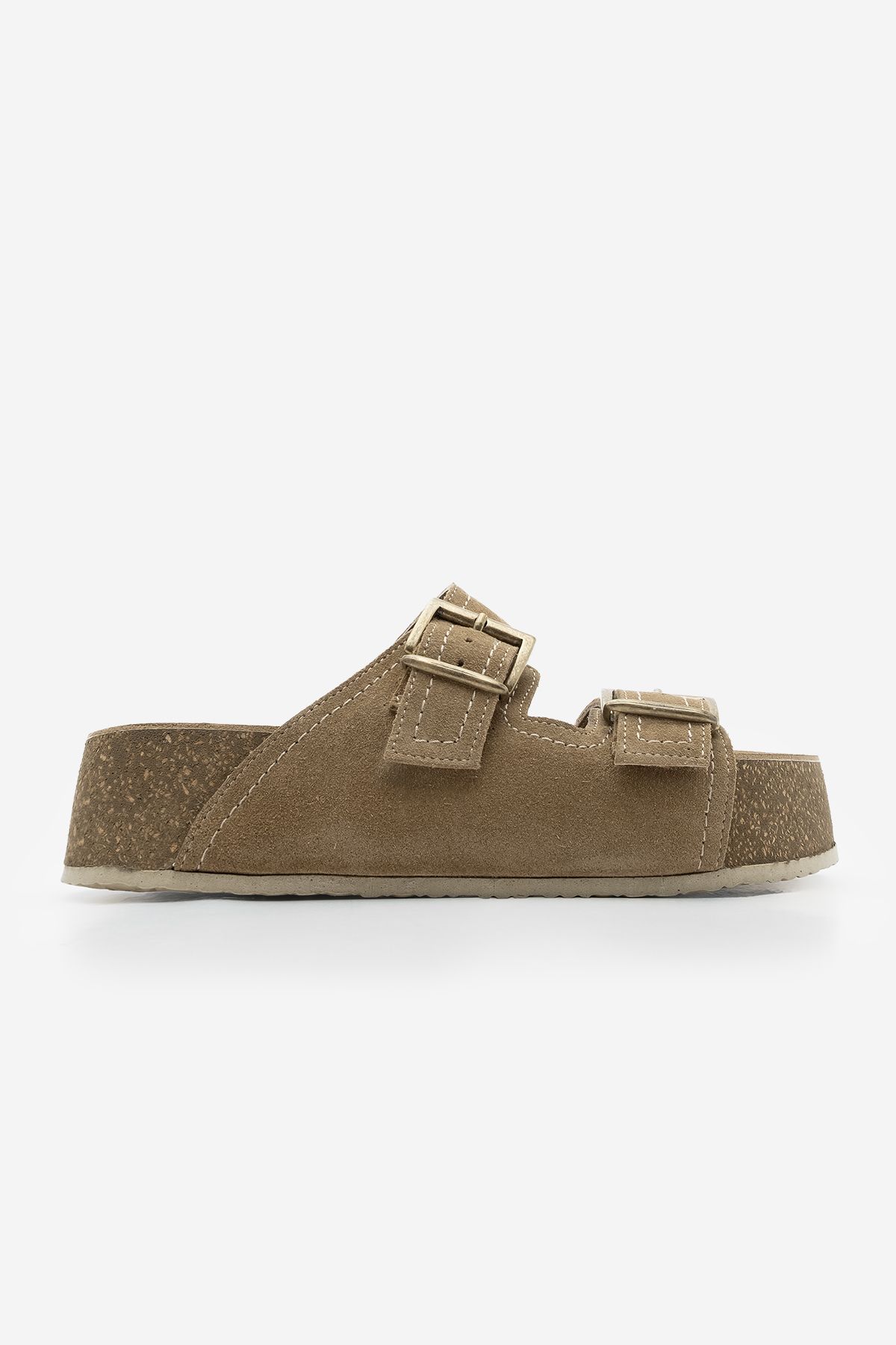 Marjin-Olive Suede Women's Casual Slippers - Double Banded, Cork Sole, Genuine Leather Roneta Soil 2