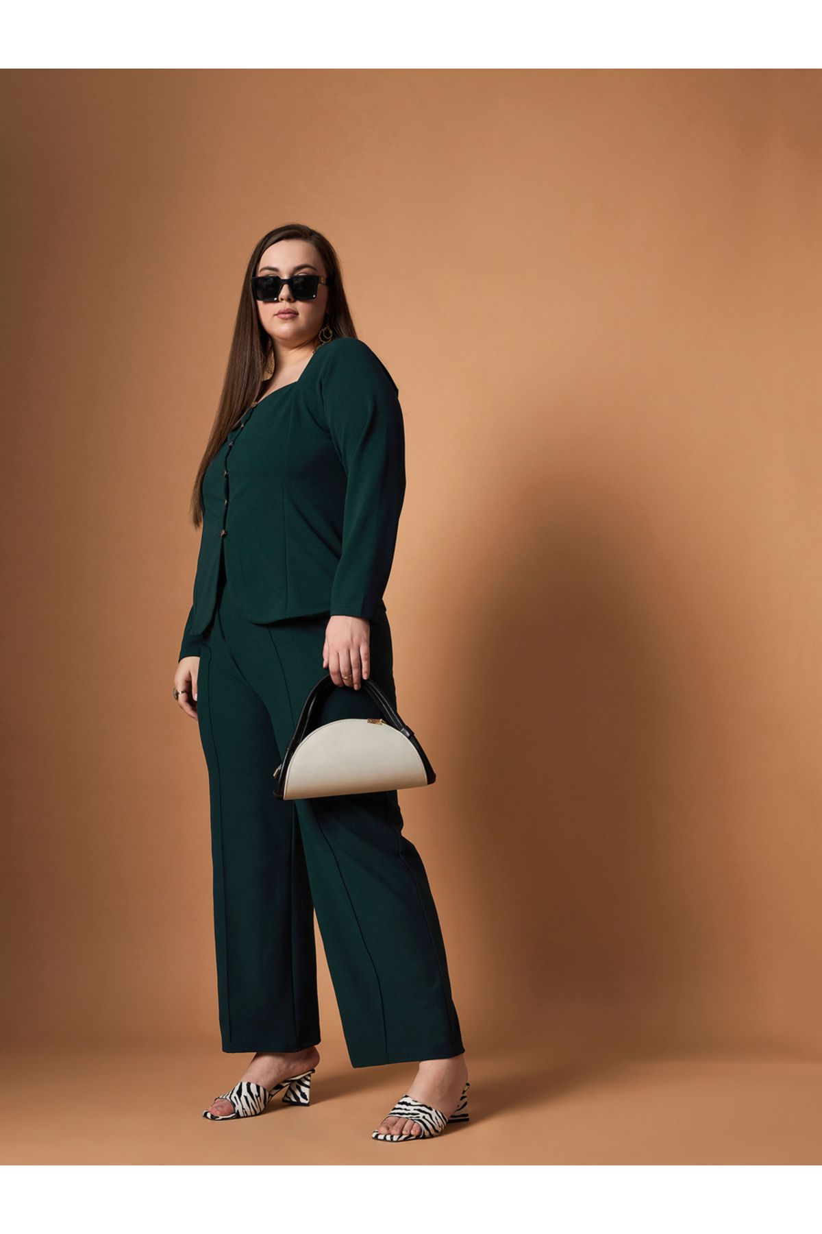 Sassafras By Styli-Plus Size Solid Front Button Top and Straight Pants Set 3