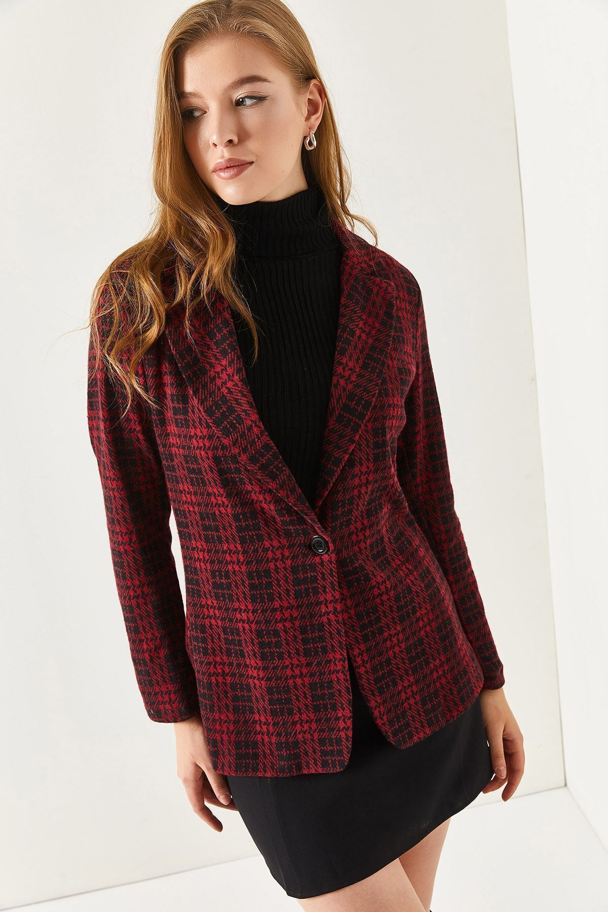 armonika-Burgunderrote, karierte Jacke mit einem Knopf und Prägung für Damen ARM-19K001131 2