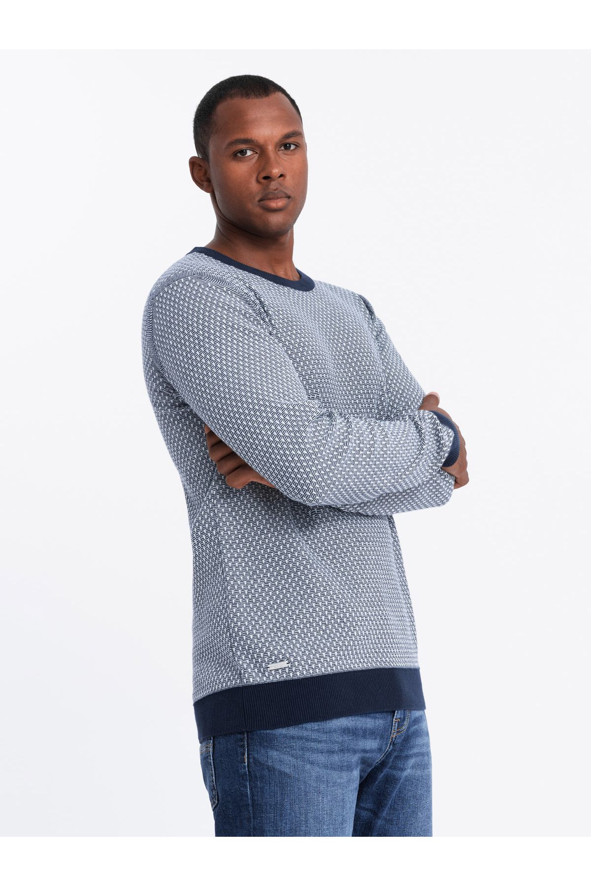 OMBRE-Knitted men's RELAXED FIT sweater with patterns - navy blue V1 OM-SWSW-0111 S 1