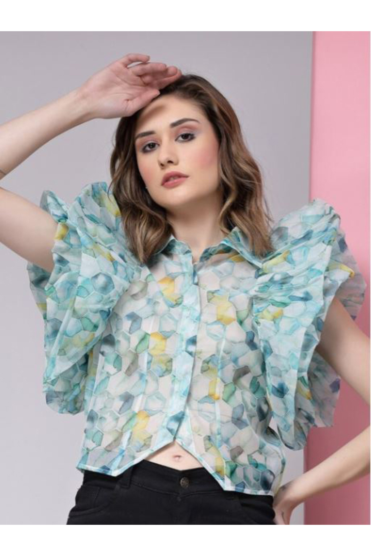 Kassually By Styli-Sheer Organza Printed Crop Shirt 3